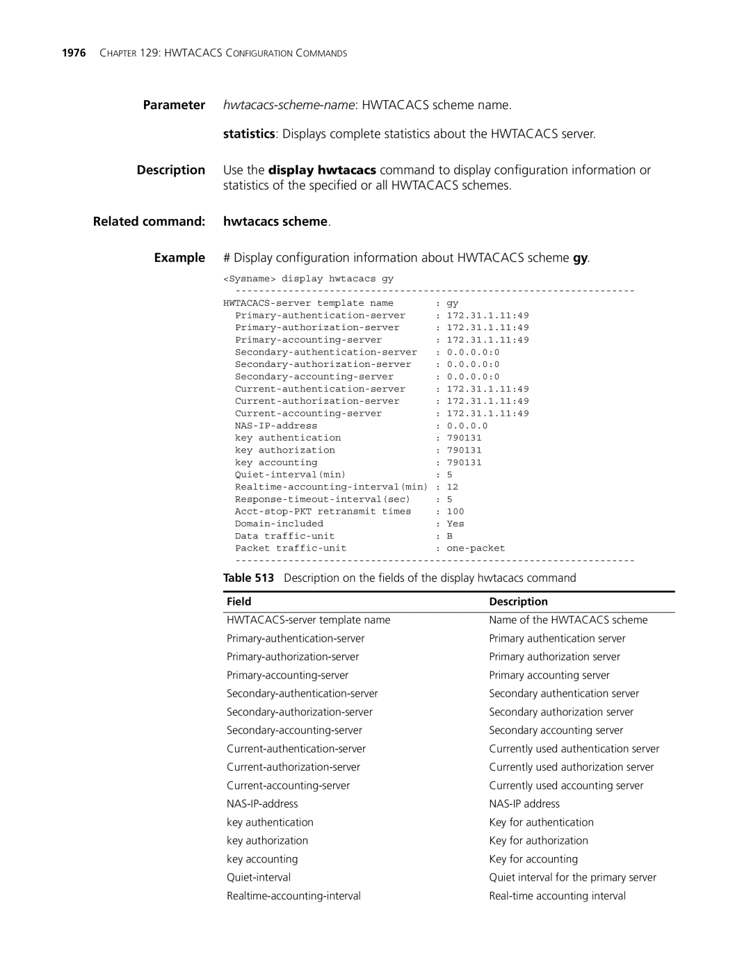 3Com MSR 30, MSR 50 manual Related command hwtacacs scheme, Description on the fields of the display hwtacacs command 