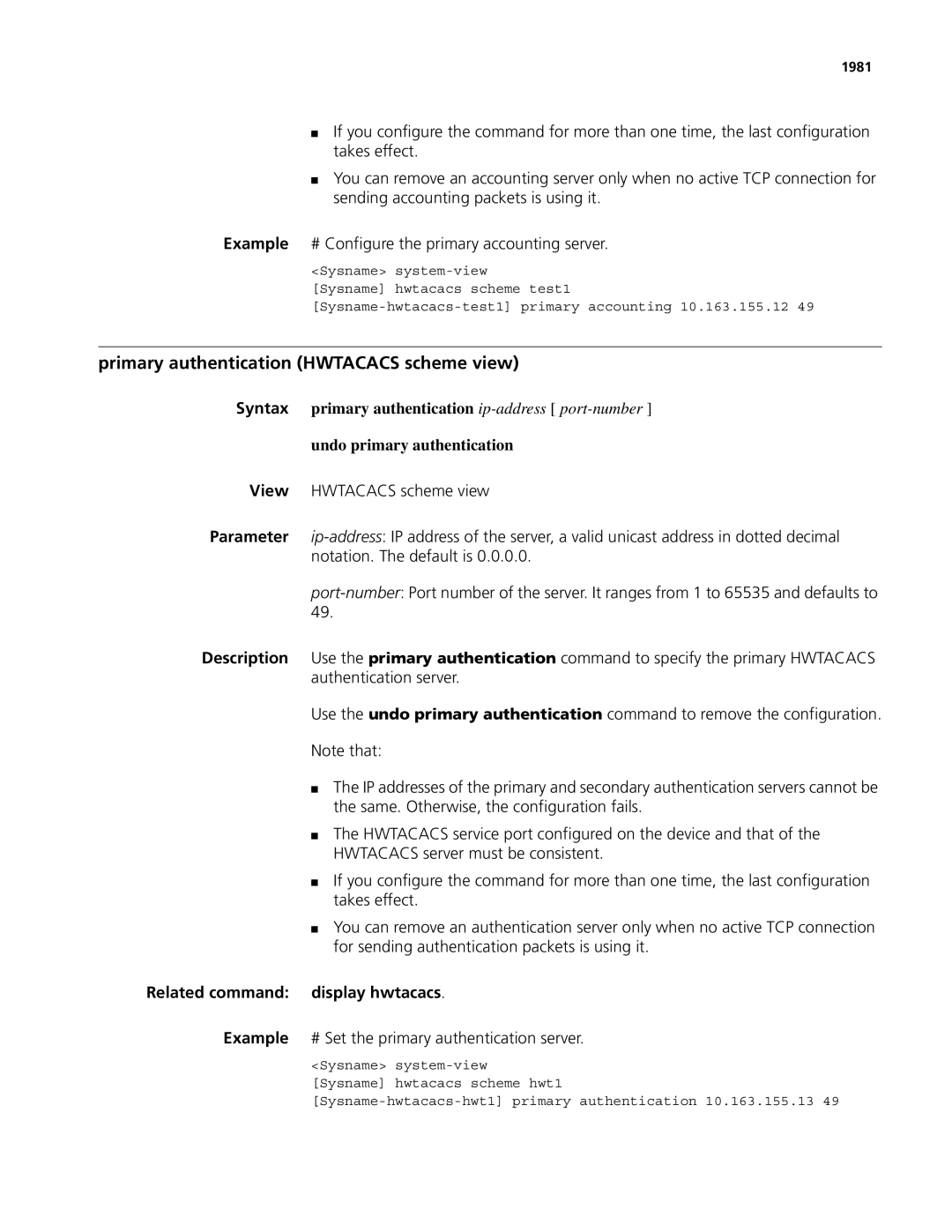 3Com MSR 50, MSR 30 Primary authentication Hwtacacs scheme view, Example # Set the primary authentication server, 1981 