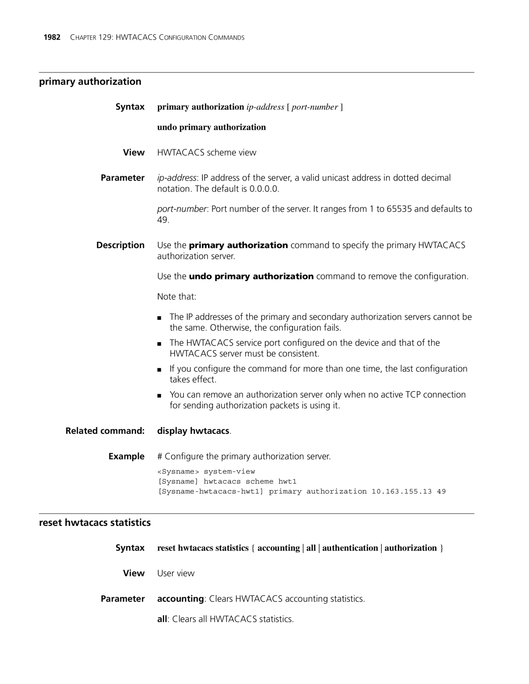 3Com MSR 30, MSR 50 manual Primary authorization, Reset hwtacacs statistics, Undo primary authorization 