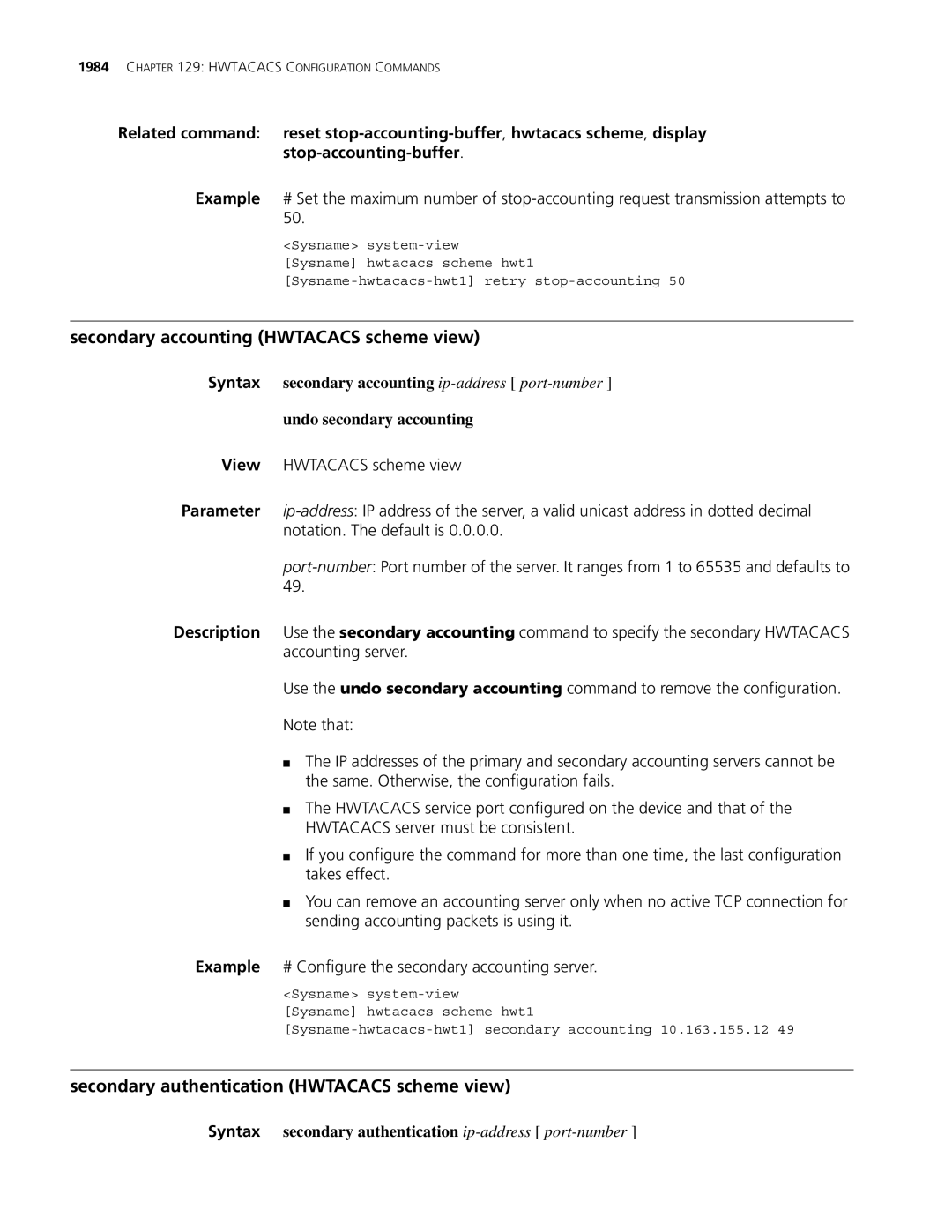 3Com MSR 30, MSR 50 manual Secondary accounting Hwtacacs scheme view, Secondary authentication Hwtacacs scheme view 