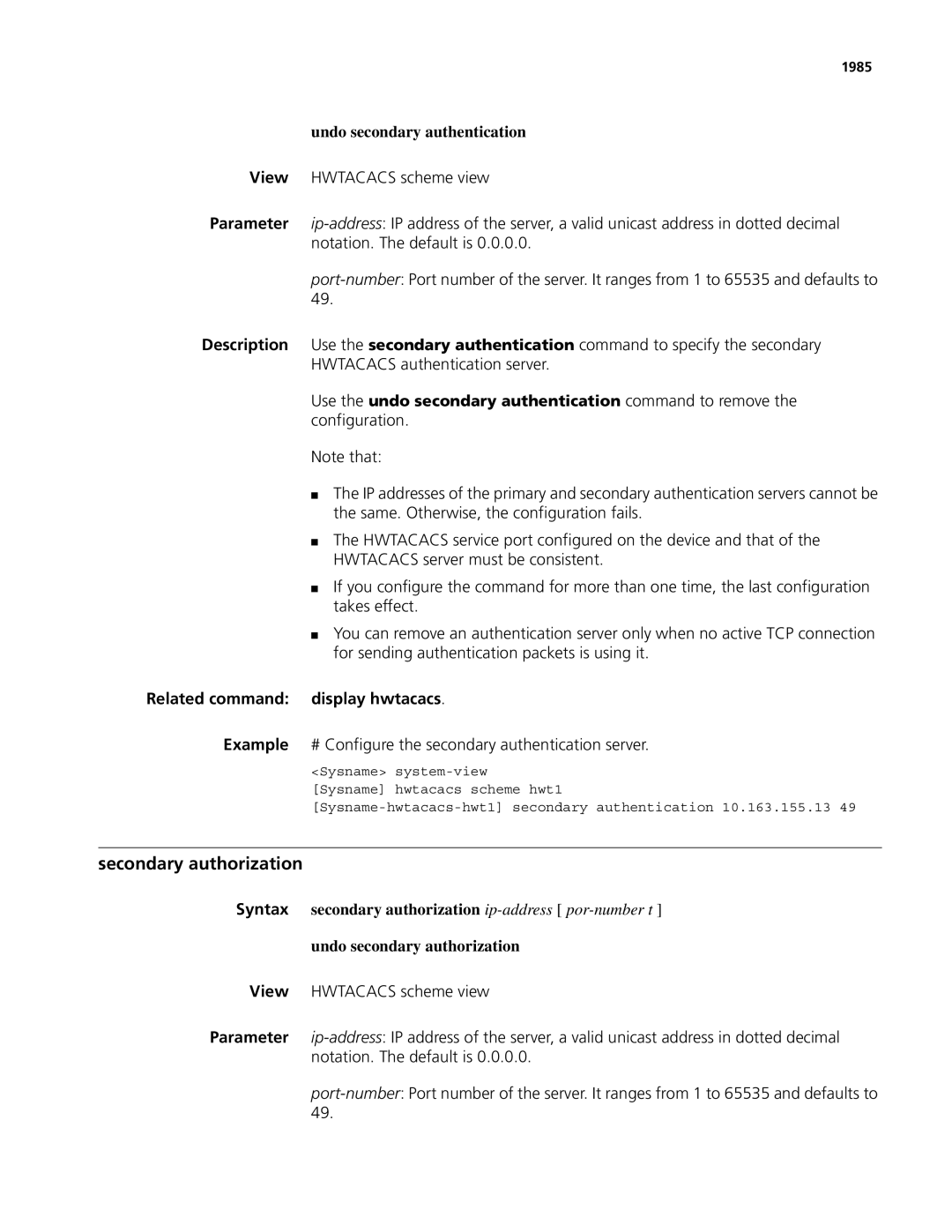 3Com MSR 50, MSR 30 manual Secondary authorization, Example # Configure the secondary authentication server, 1985 