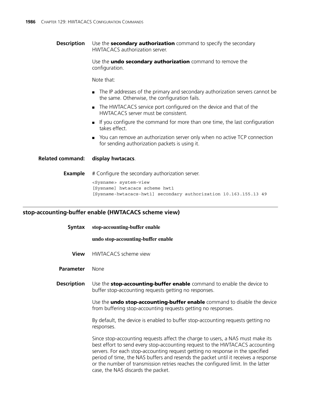 3Com MSR 30 Stop-accounting-buffer enable Hwtacacs scheme view, Example # Configure the secondary authorization server 