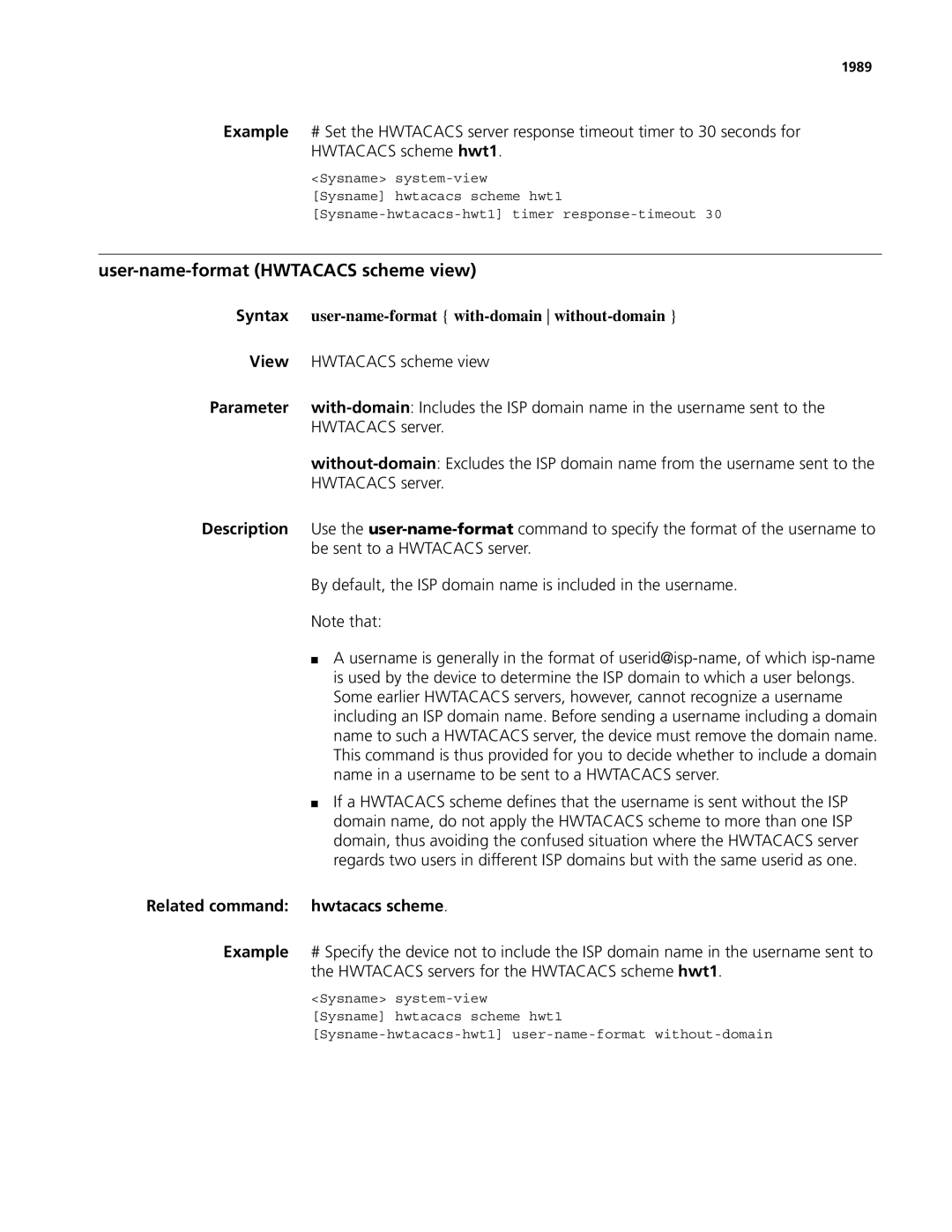 3Com MSR 50, MSR 30 manual User-name-format Hwtacacs scheme view 