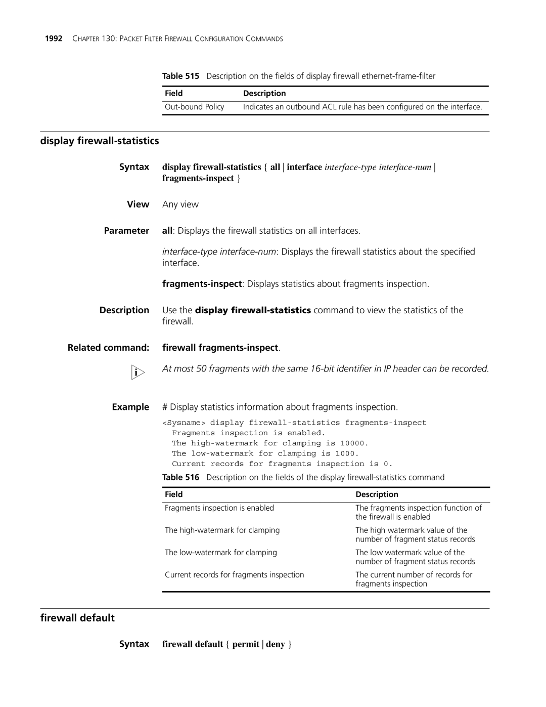 3Com MSR 30, MSR 50 manual Display firewall-statistics, Firewall default, Fragments-inspect, Firewall fragments-inspect 