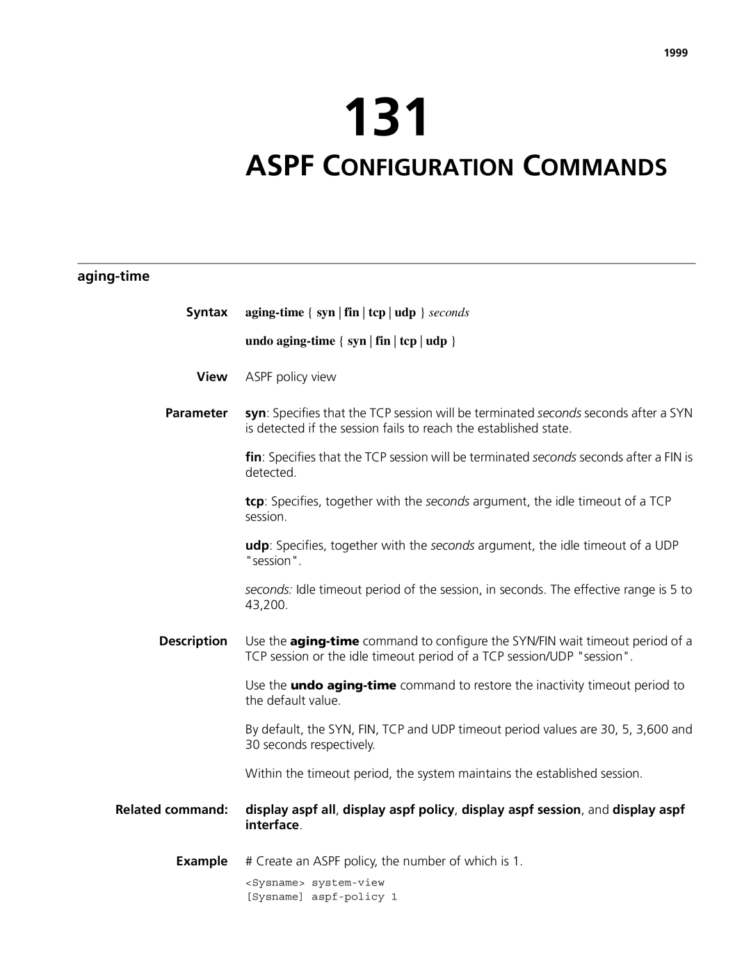 3Com MSR 50 131, Aspf Configuration Commands, Aging-time syn fin tcp udp seconds, Undo aging-time syn fin tcp udp 