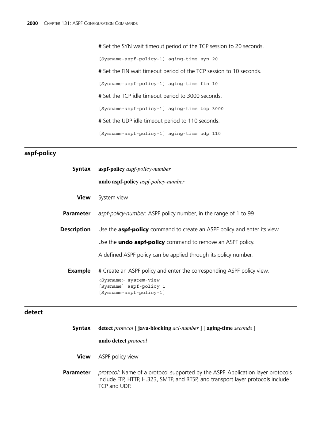 3Com MSR 30, MSR 50 manual Aspf-policy, # Set the TCP idle timeout period to 3000 seconds 