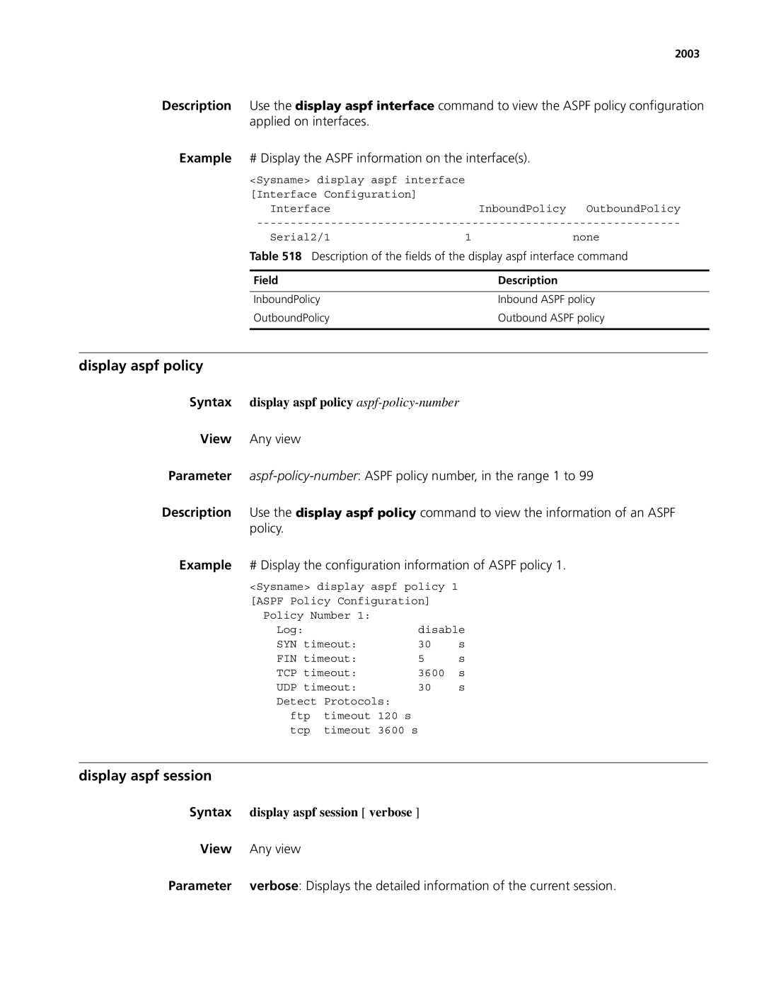 3Com MSR 50, MSR 30 manual Display aspf policy, Display aspf session, Syntax display aspf policy aspf-policy-number, 2003 