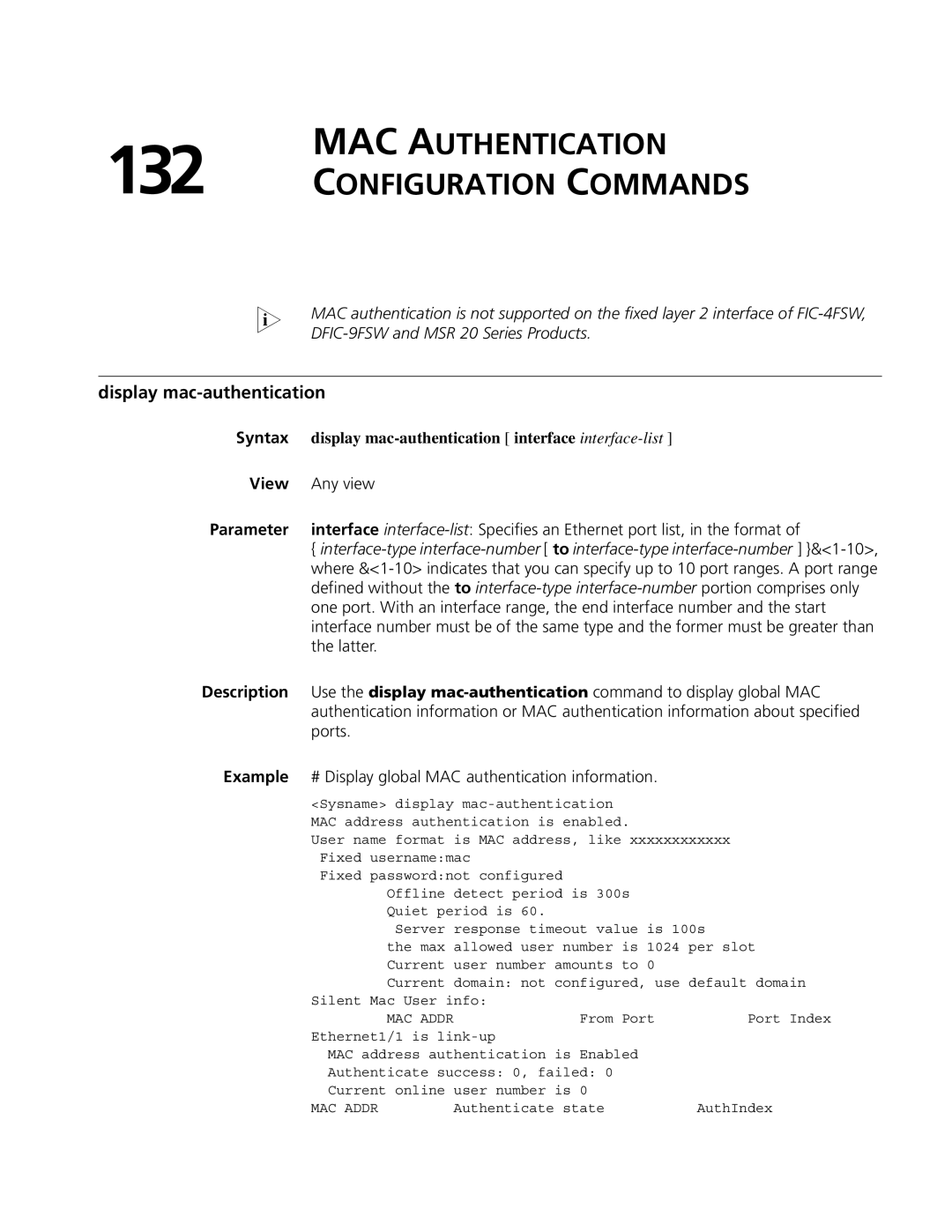 3Com MSR 50 MAC Authentication Configuration Commands, Display mac-authentication, DFIC-9FSW and MSR 20 Series Products 