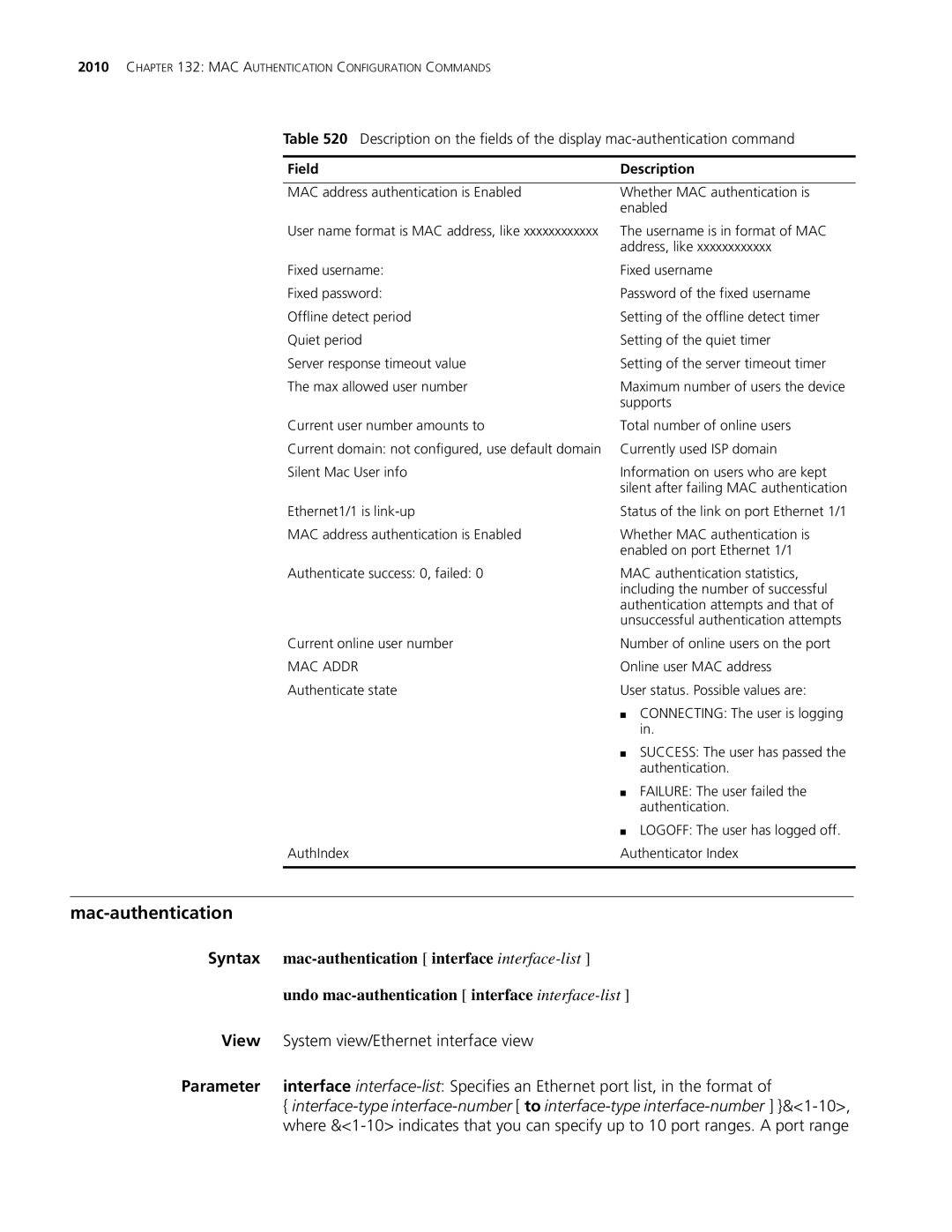 3Com MSR 30, MSR 50 manual Mac-authentication, MAC Addr 