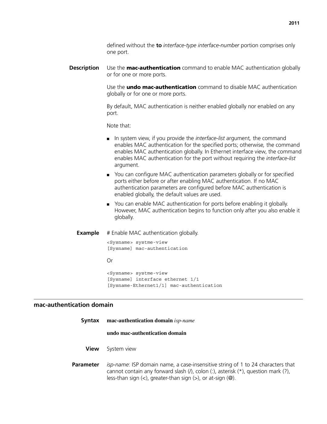 3Com MSR 50, MSR 30 manual Mac-authentication domain, 2011 