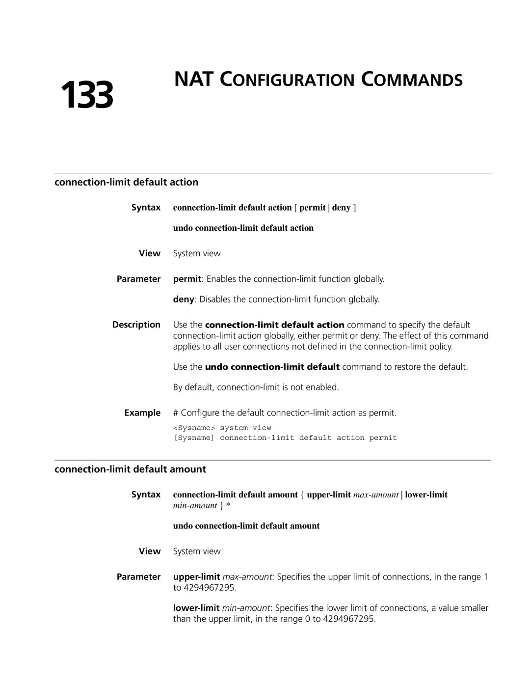 3Com MSR 50, MSR 30 manual 133, NAT Configuration Commands, Connection-limit default action, Connection-limit default amount 