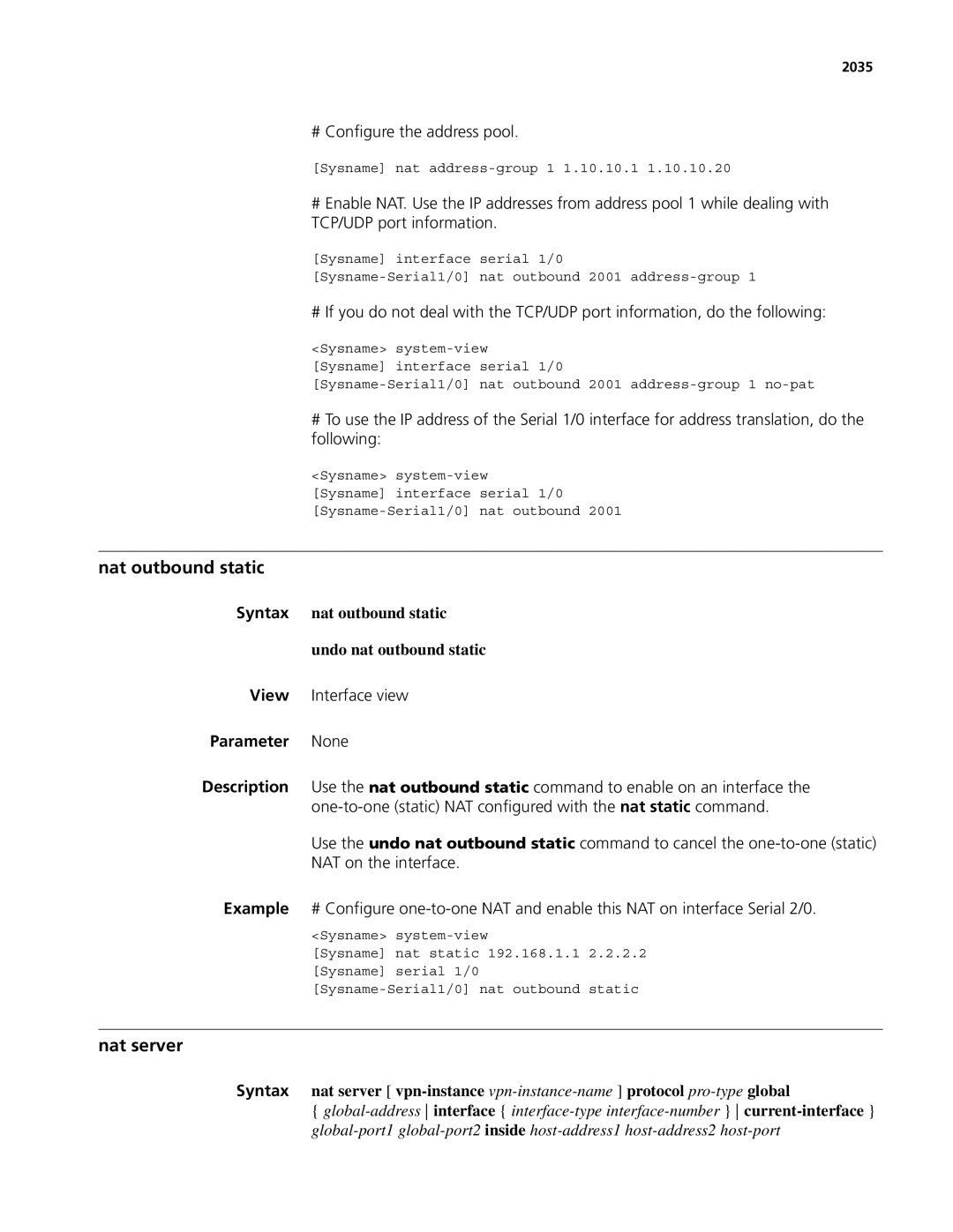 3Com MSR 50, MSR 30 manual Nat outbound static, Nat server, # Configure the address pool, 2035 