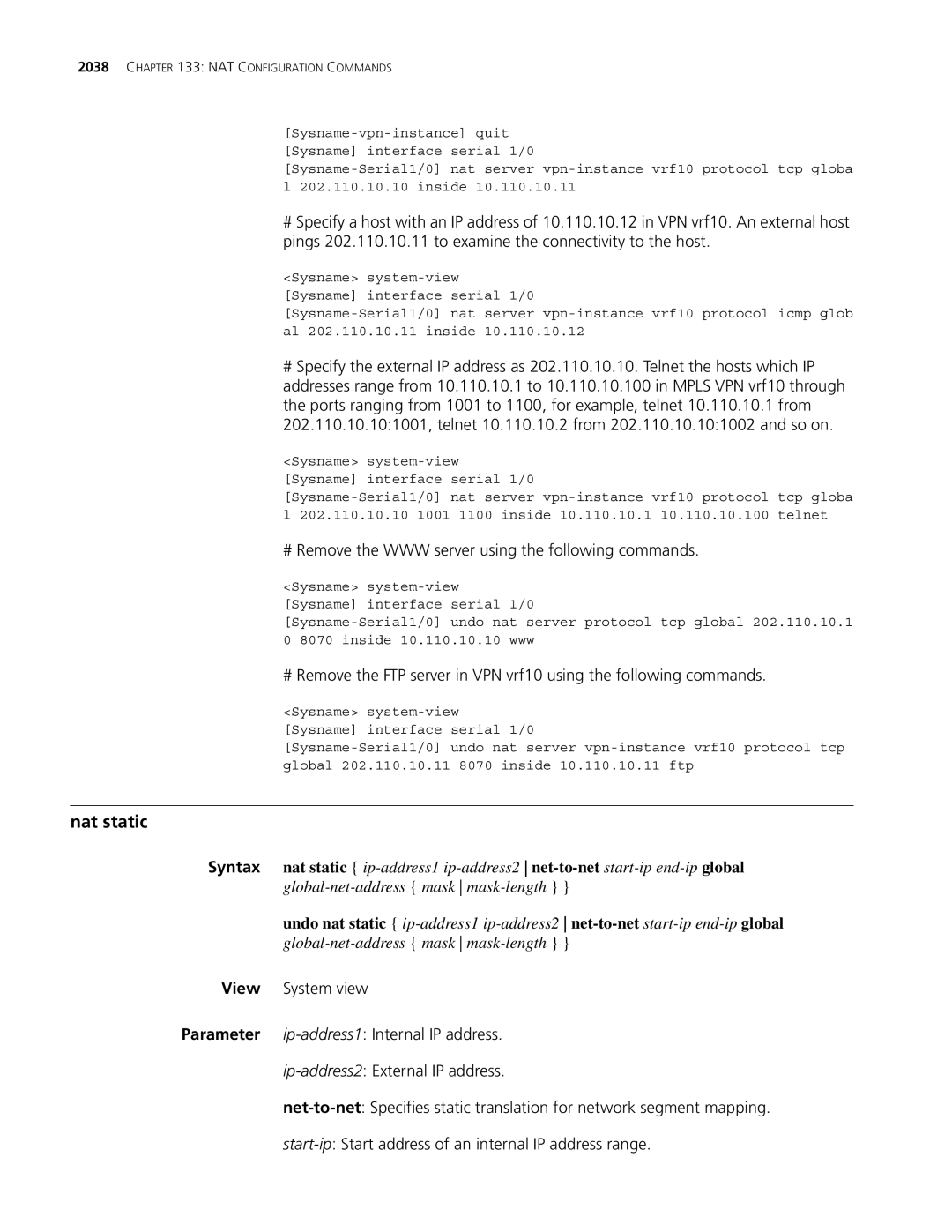 3Com MSR 30, MSR 50 manual Nat static, # Remove the WWW server using the following commands 