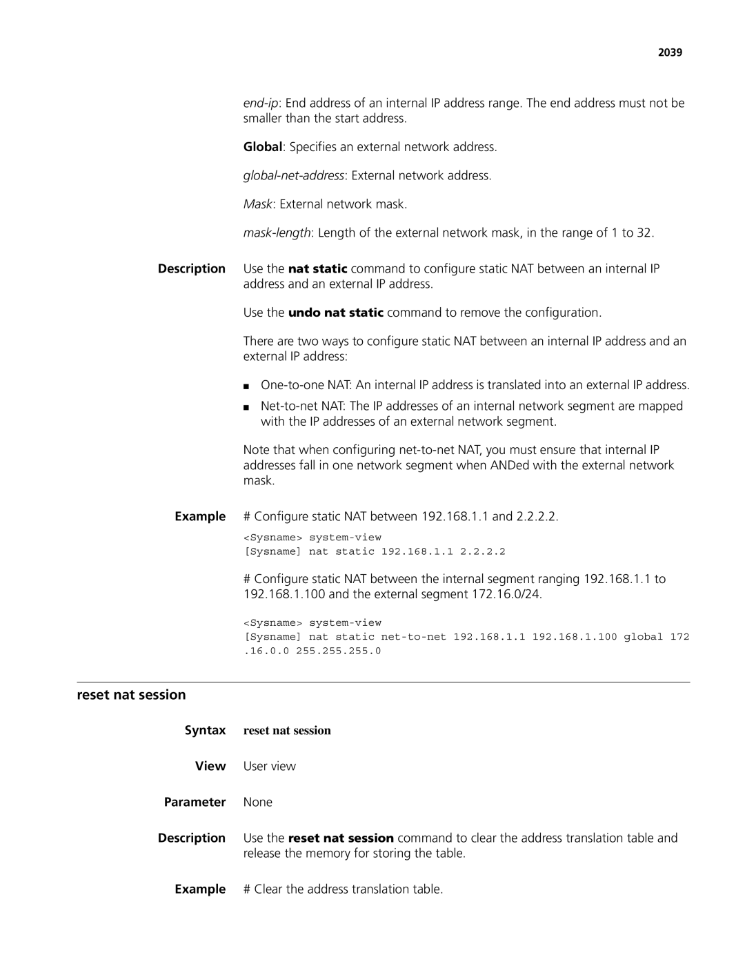 3Com MSR 50, MSR 30 manual Reset nat session, Syntax reset nat session, 2039 