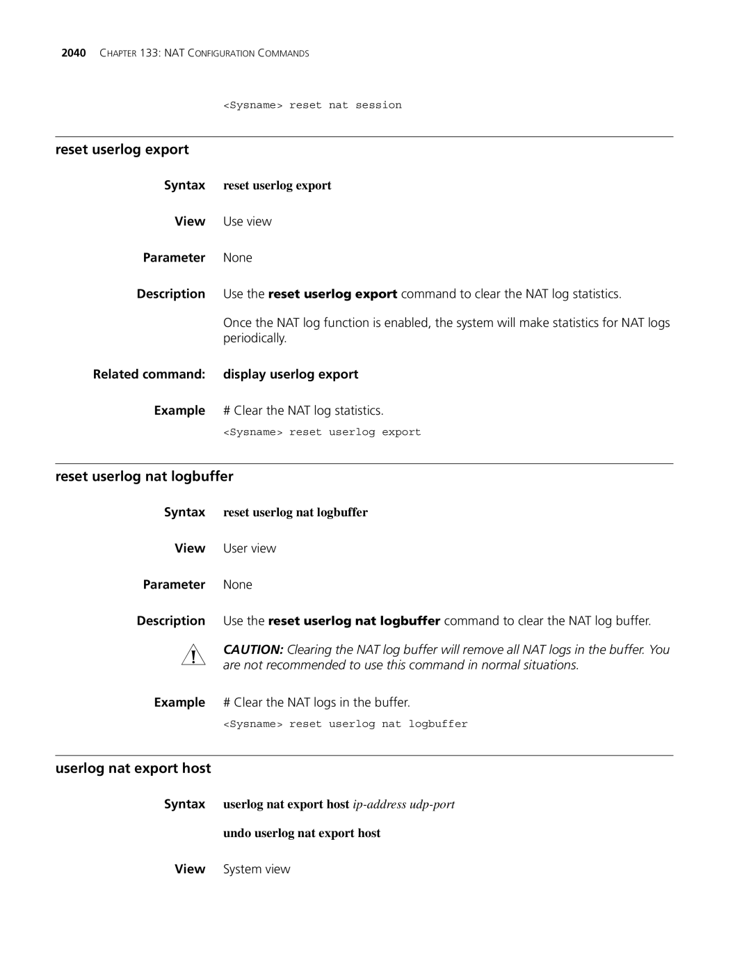 3Com MSR 30, MSR 50 manual Reset userlog export, Reset userlog nat logbuffer, Userlog nat export host 