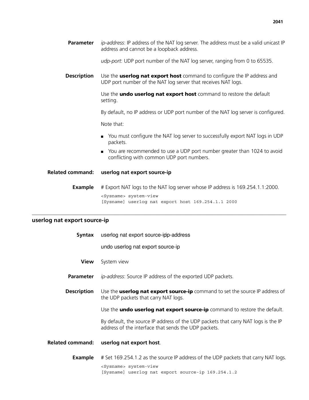 3Com MSR 50, MSR 30 manual Userlog nat export source-ip, Related command userlog nat export source-ip, 2041 