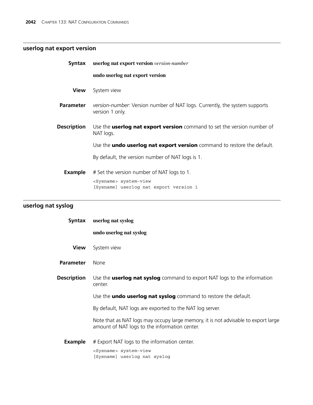 3Com MSR 30, MSR 50 manual Userlog nat export version, Userlog nat syslog, Syntax userlog nat syslog Undo userlog nat syslog 