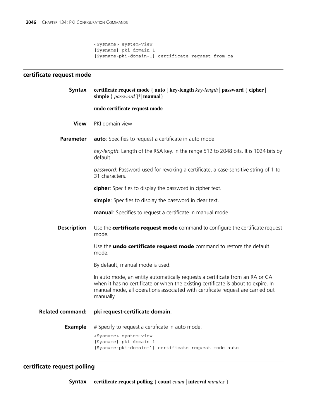 3Com MSR 30 Certificate request mode, Certificate request polling, Simple password * manual, Undo certificate request mode 