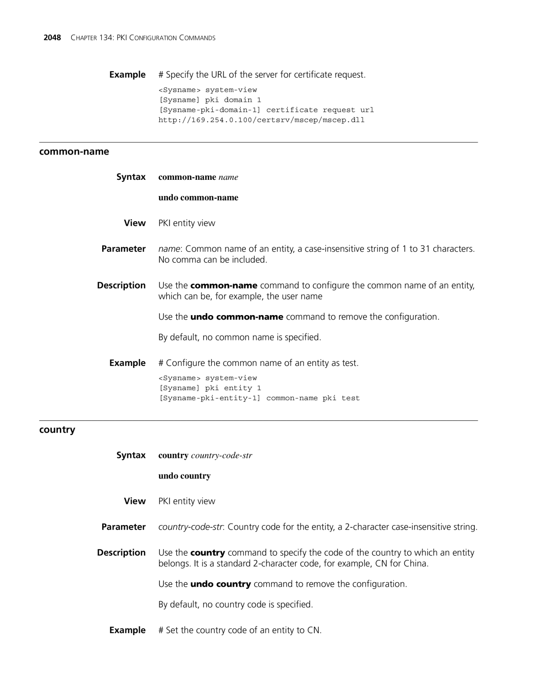 3Com MSR 30, MSR 50 manual Common-name, Country, Syntax common-name name Undo common-name, Undo country 