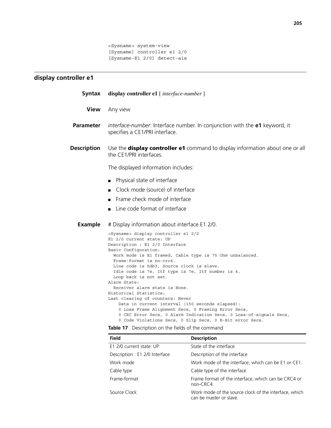 3Com MSR 50 Display controller e1, Syntax display controller e1 interface-number, Description on the fields of the command 