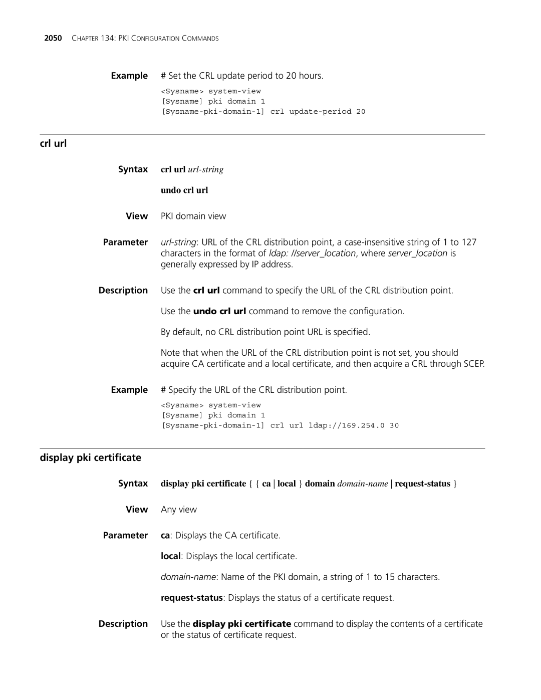 3Com MSR 30, MSR 50 manual Crl url, Display pki certificate, Undo crl url 