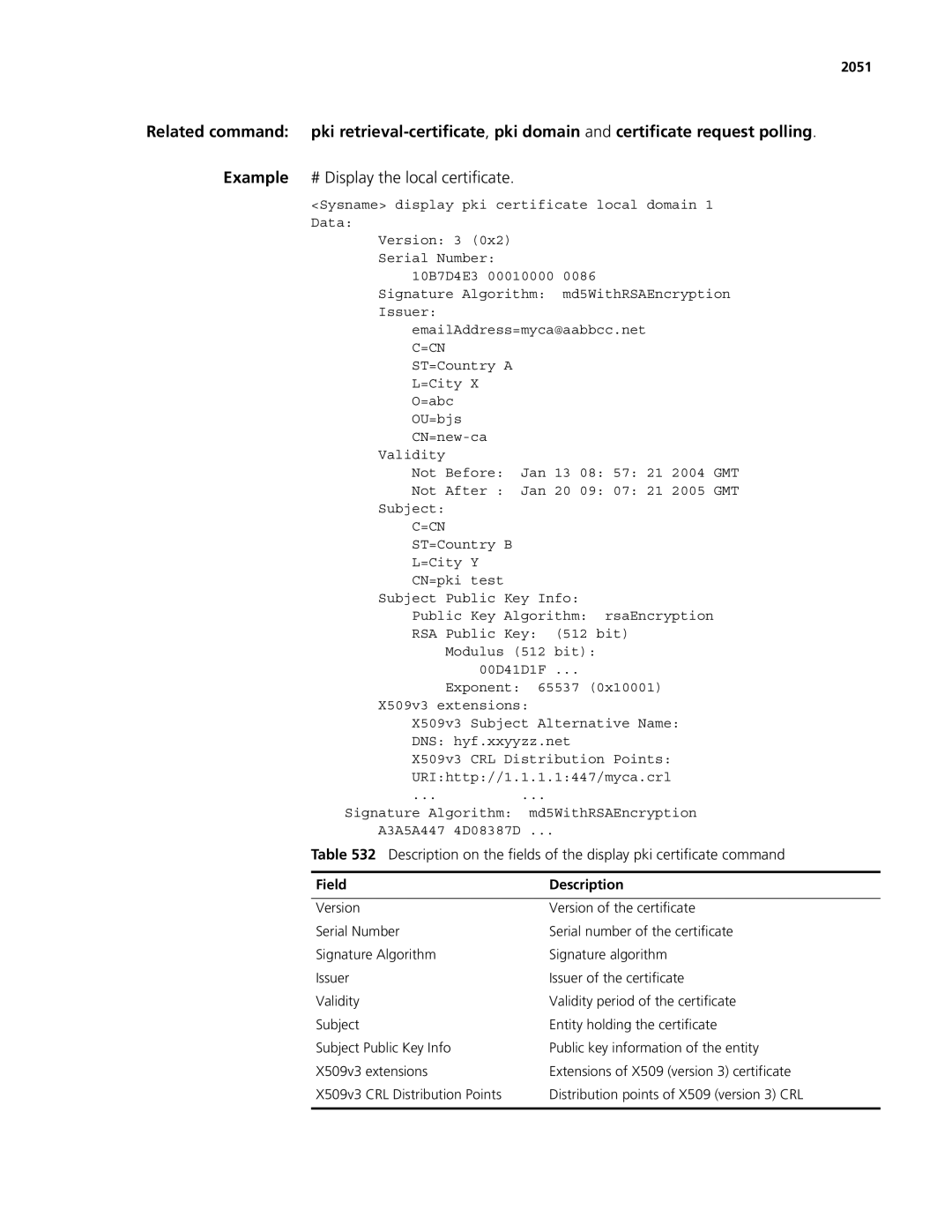 3Com MSR 50, MSR 30 manual Example # Display the local certificate, 2051 