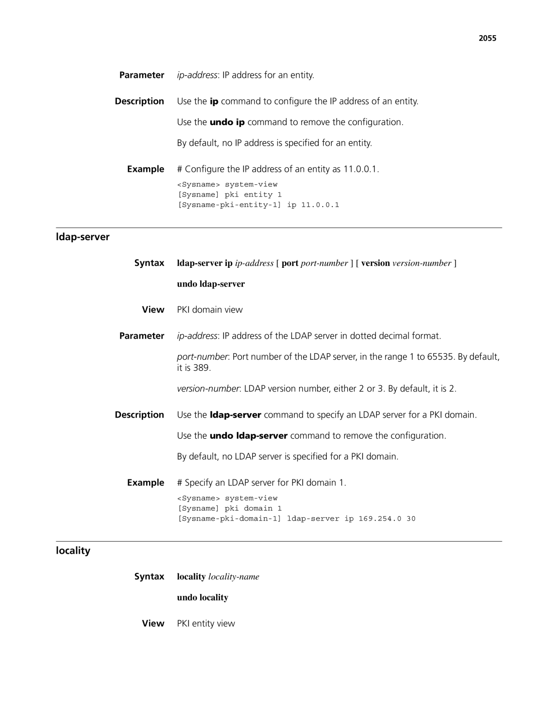 3Com MSR 50, MSR 30 manual Ldap-server, Locality, Undo ldap-server, Undo locality, 2055 