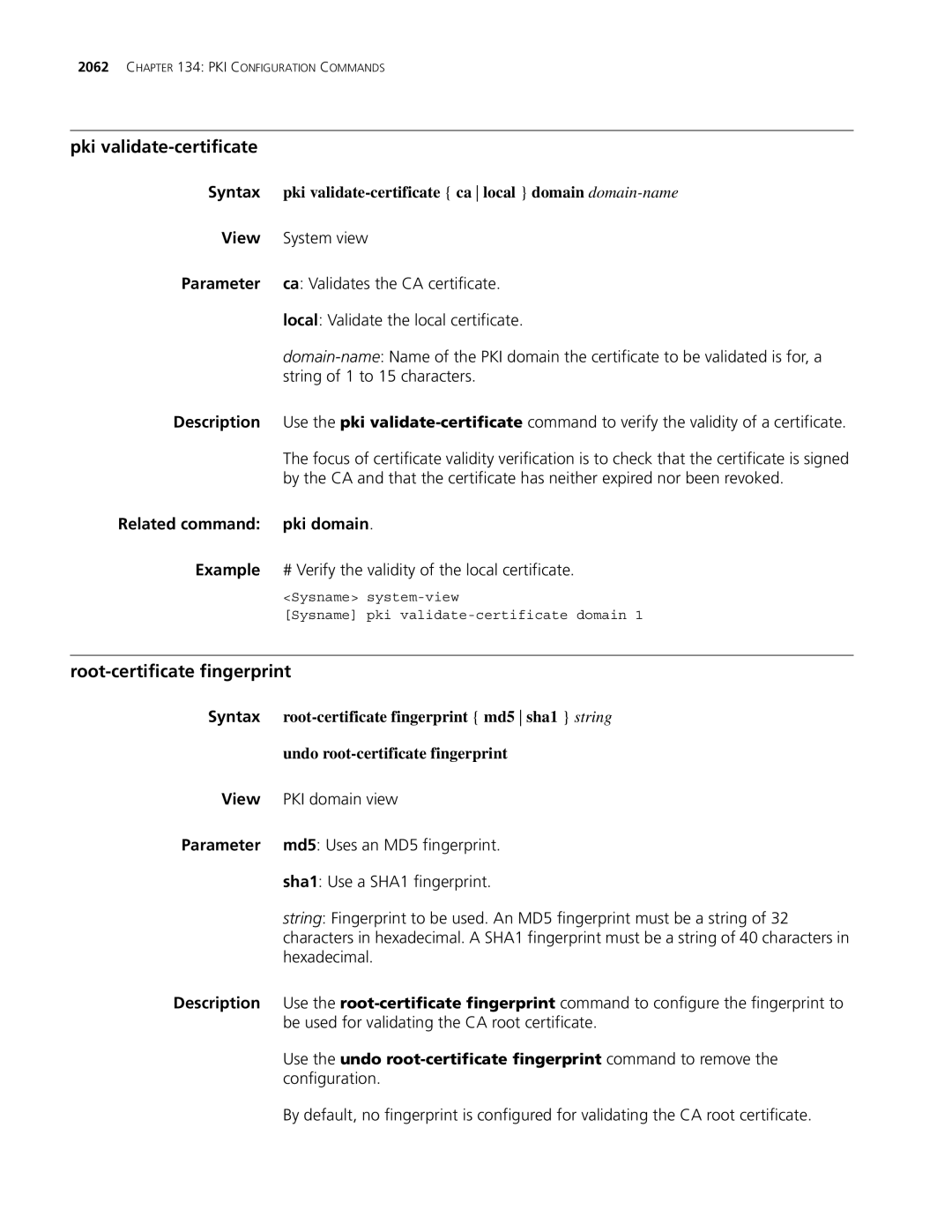 3Com MSR 30, MSR 50 manual Root-certificate fingerprint, Pki validate-certificate ca local domain domain-name 