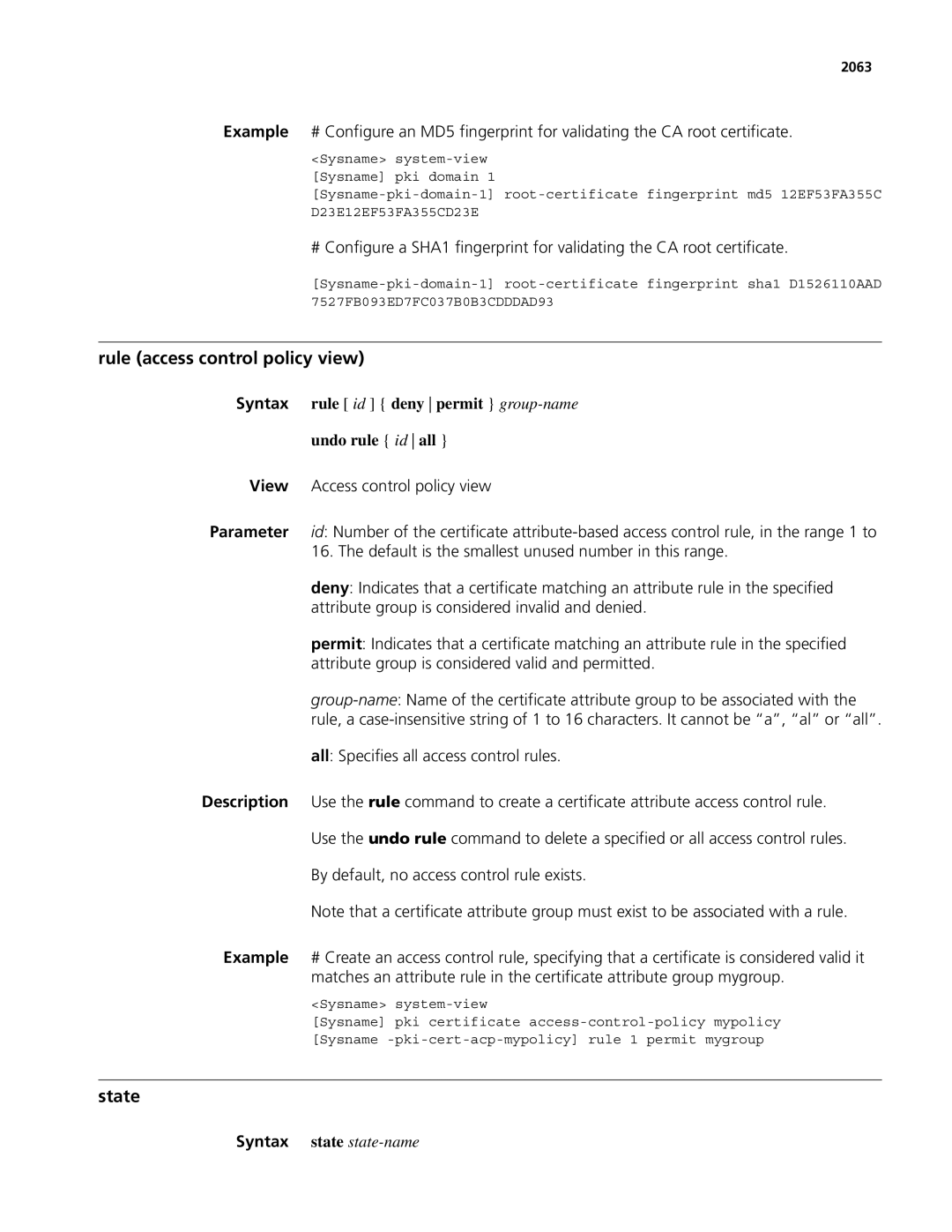 3Com MSR 50, MSR 30 manual Rule access control policy view, Syntax rule id deny permit group-name Undo rule id all, 2063 