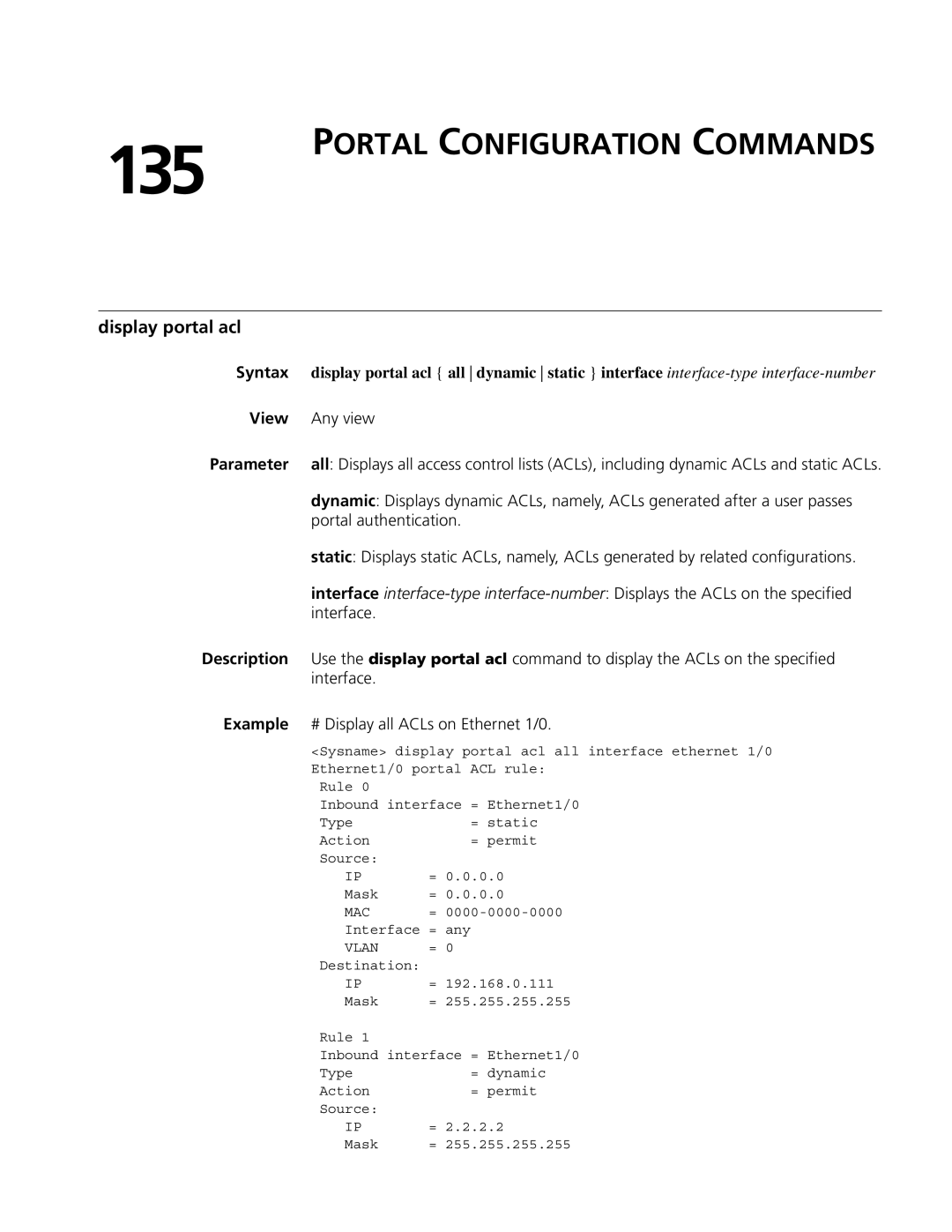 3Com MSR 50, MSR 30 manual 135, Portal Configuration Commands, Display portal acl, Portal authentication 