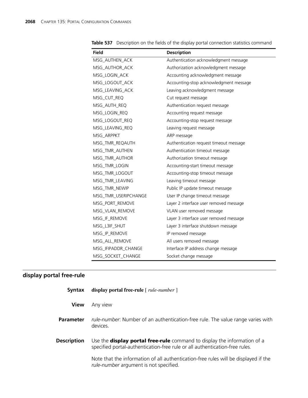 3Com MSR 30, MSR 50 manual Display portal free-rule, Syntax display portal free-rule rule-number 