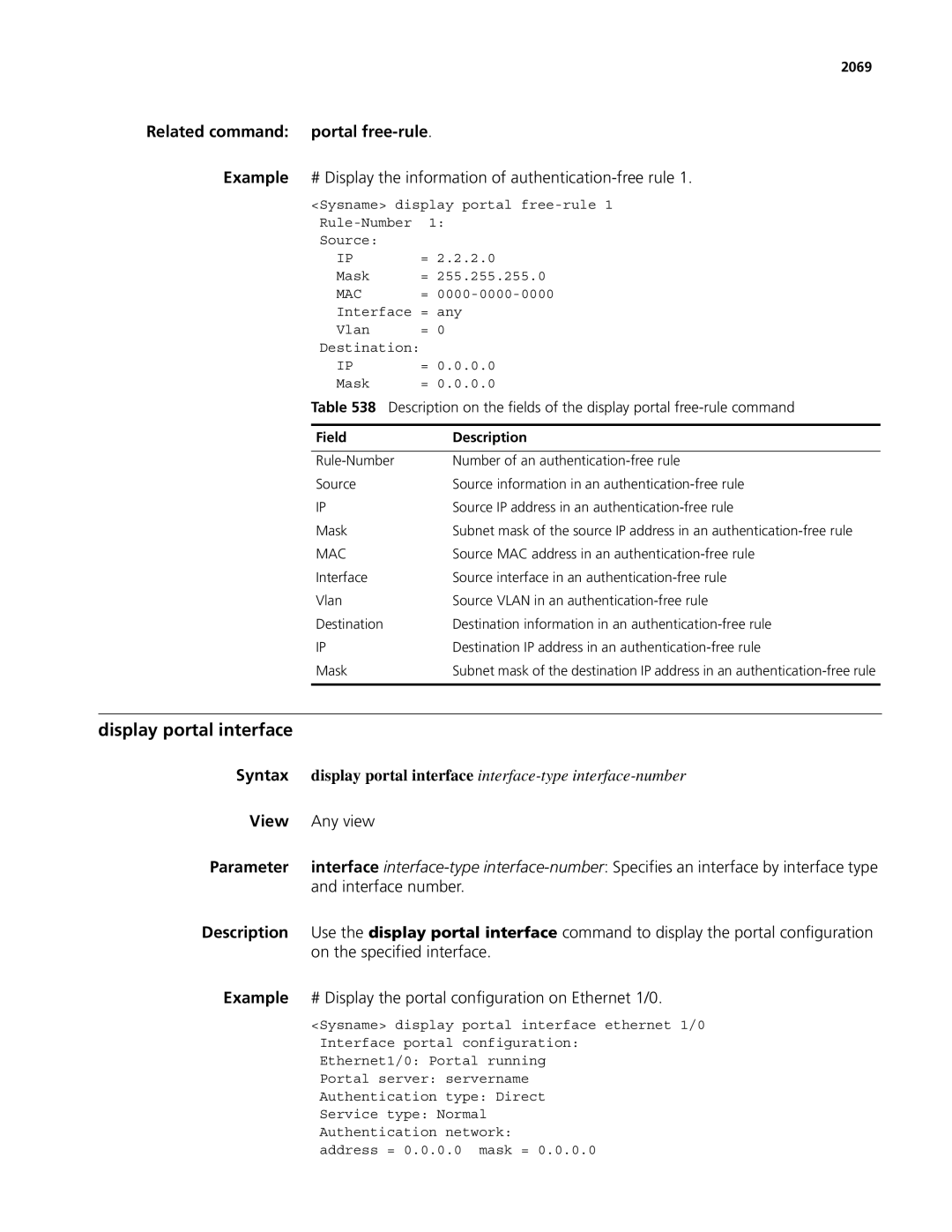 3Com MSR 50, MSR 30 manual Display portal interface, Related command portal free-rule, 2069 