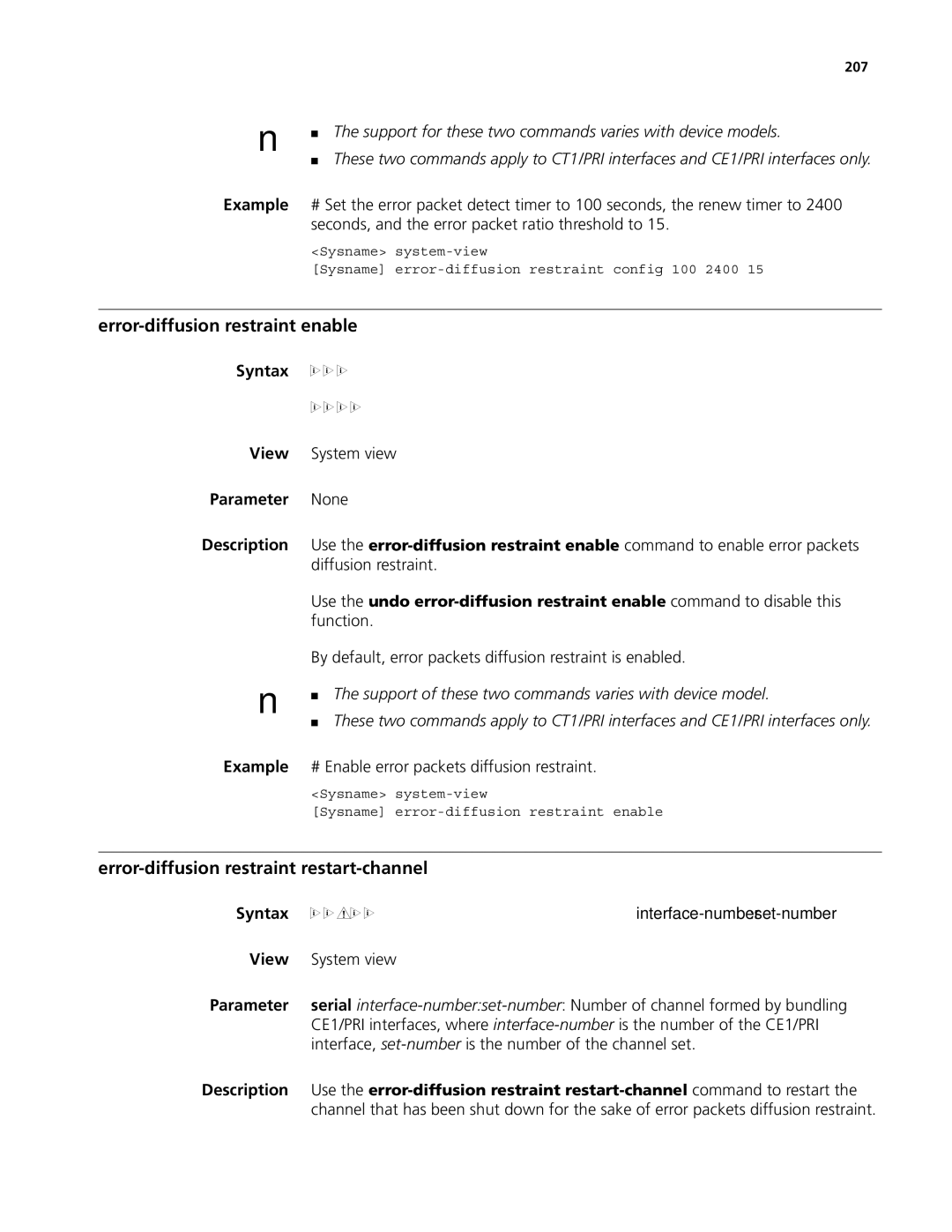 3Com MSR 50, MSR 30 manual Error-diffusion restraint enable, Error-diffusion restraint restart-channel 