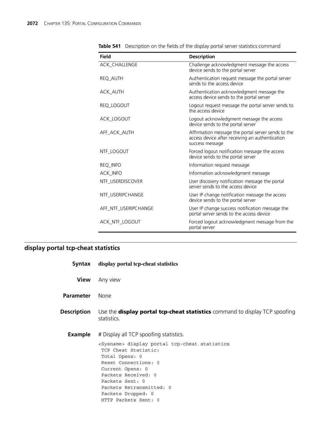 3Com MSR 30, MSR 50 manual Display portal tcp-cheat statistics, Syntax display portal tcp-cheat statistics 