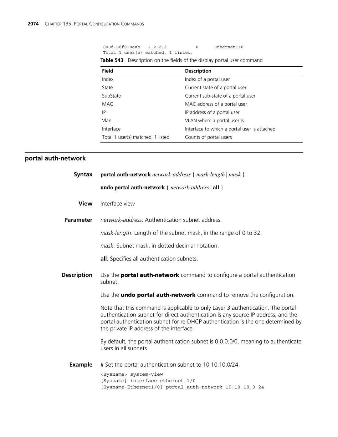 3Com MSR 30, MSR 50 manual Portal auth-network, Undo portal auth-network network-addressall 