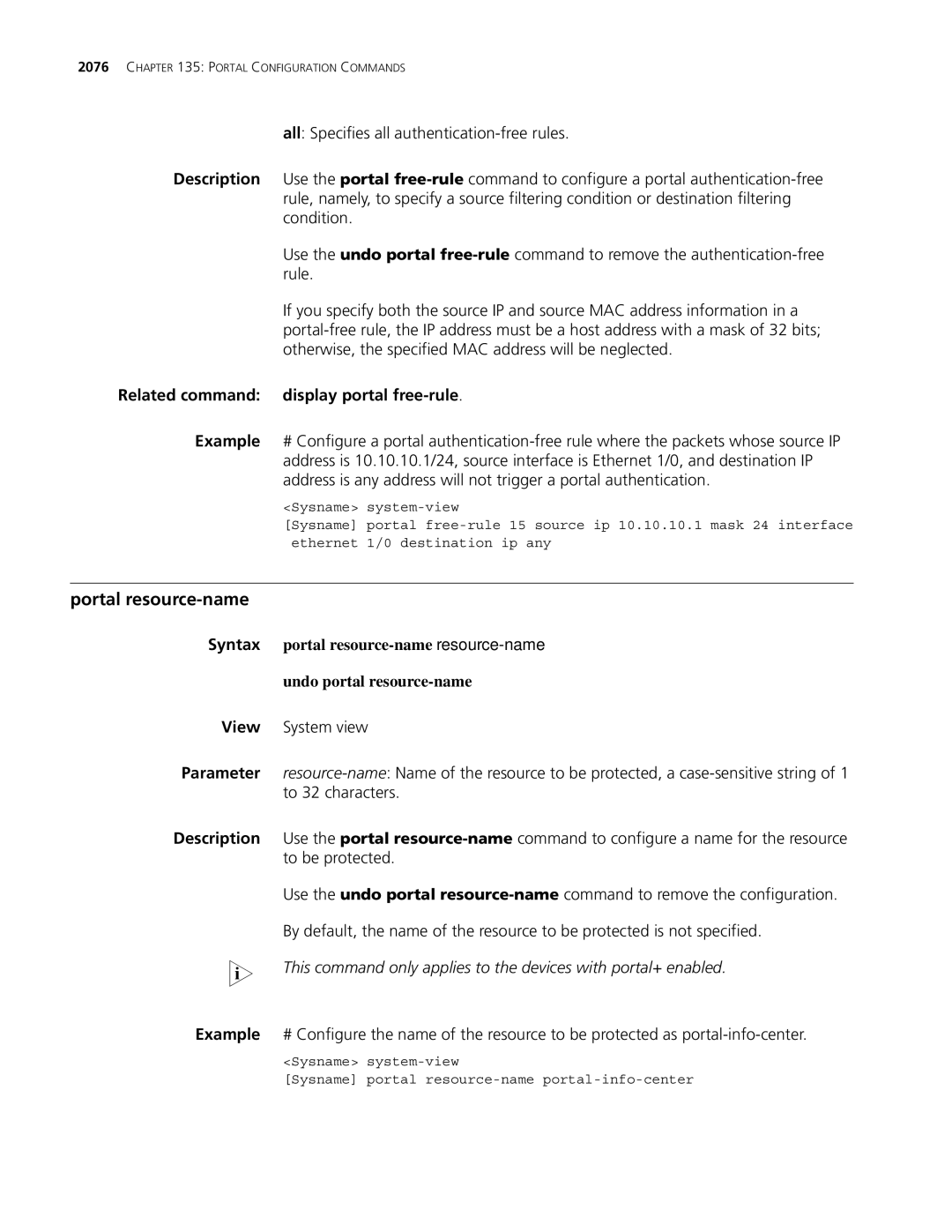 3Com MSR 30, MSR 50 manual Portal resource-name, Related command display portal free-rule 