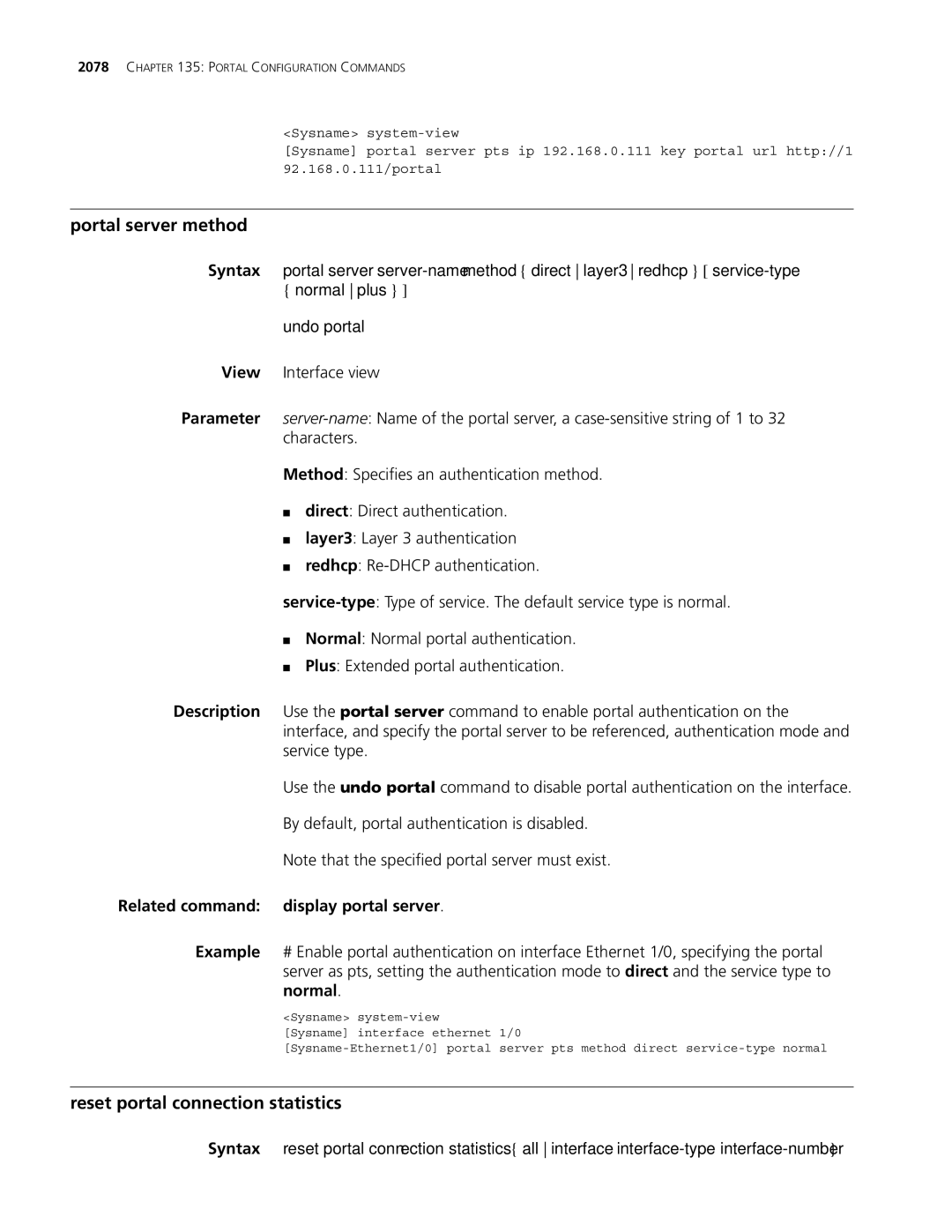 3Com MSR 30, MSR 50 manual Portal server method, Reset portal connection statistics 