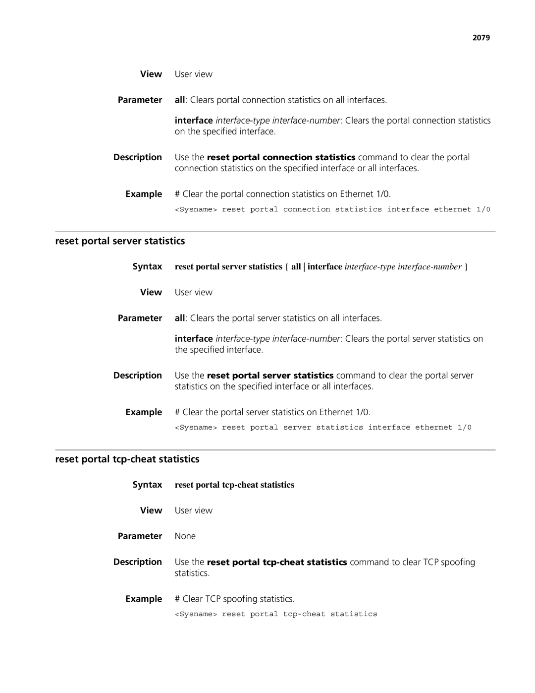 3Com MSR 50, MSR 30 manual Reset portal server statistics, Reset portal tcp-cheat statistics 