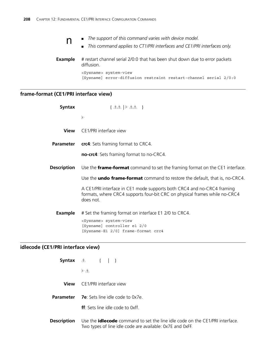 3Com MSR 30, MSR 50 manual Frame-format CE1/PRI interface view, Idlecode CE1/PRI interface view 