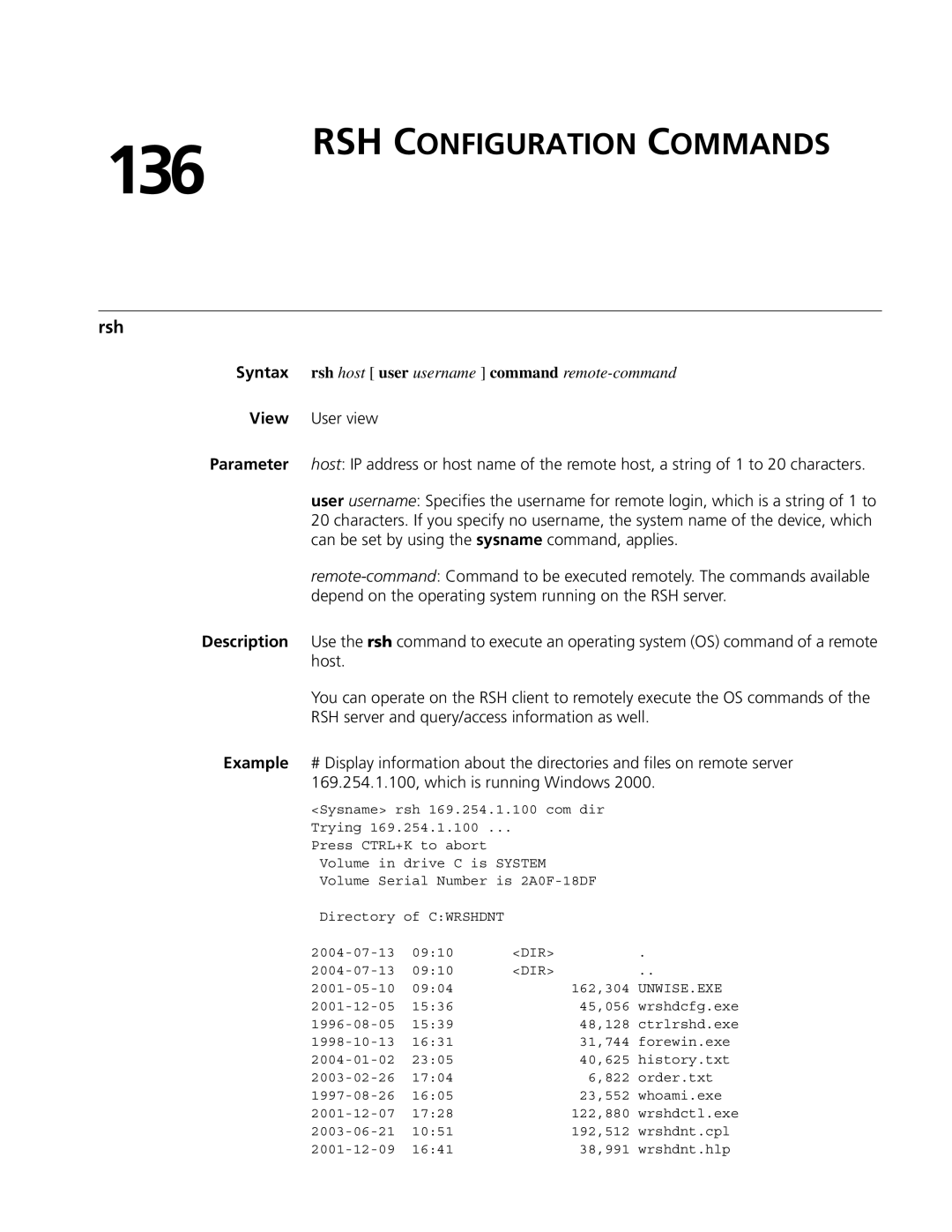 3Com MSR 50, MSR 30 manual 136, RSH Configuration Commands, Rsh 