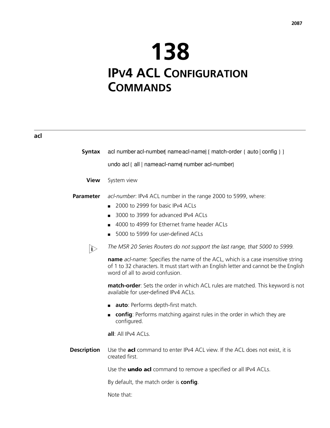 3Com MSR 50, MSR 30 manual 138, IPV4 ACL Configuration Commands, Acl, 2087 