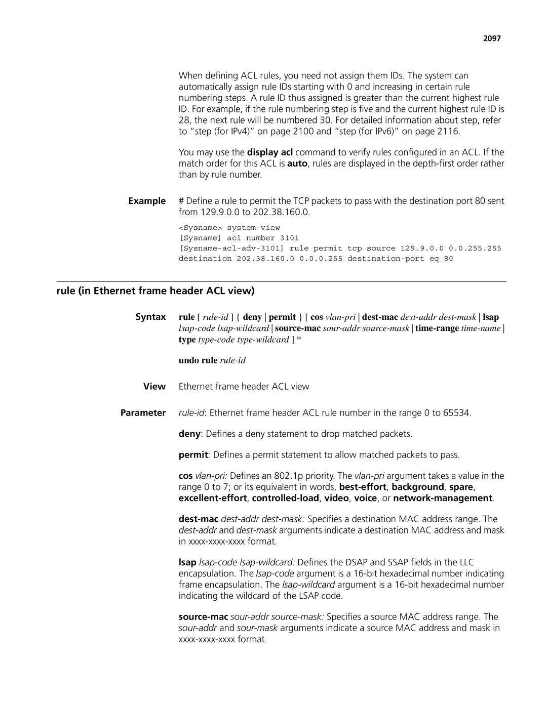 3Com MSR 50, MSR 30 manual Rule in Ethernet frame header ACL view, Undo rule rule-id, 2097 