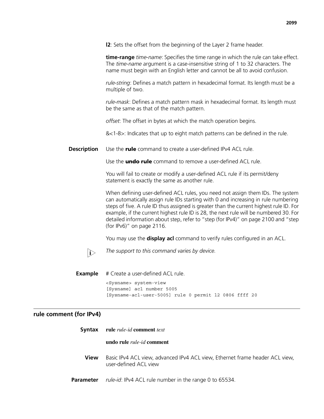 3Com MSR 50 manual Rule comment for IPv4, Support to this command varies by device, # Create a user-defined ACL rule, 2099 