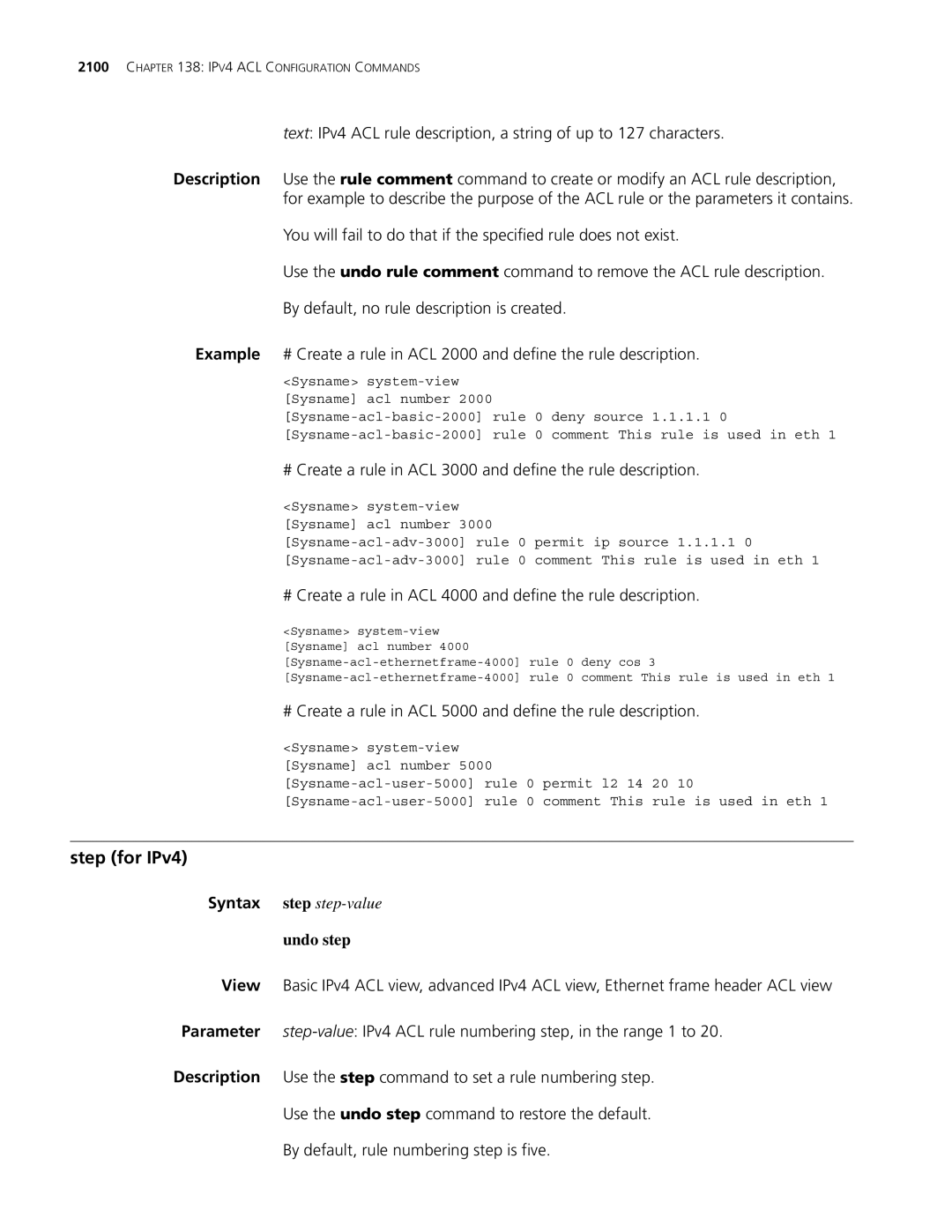 3Com MSR 30, MSR 50 manual Step for IPv4, # Create a rule in ACL 3000 and define the rule description, Undo step 