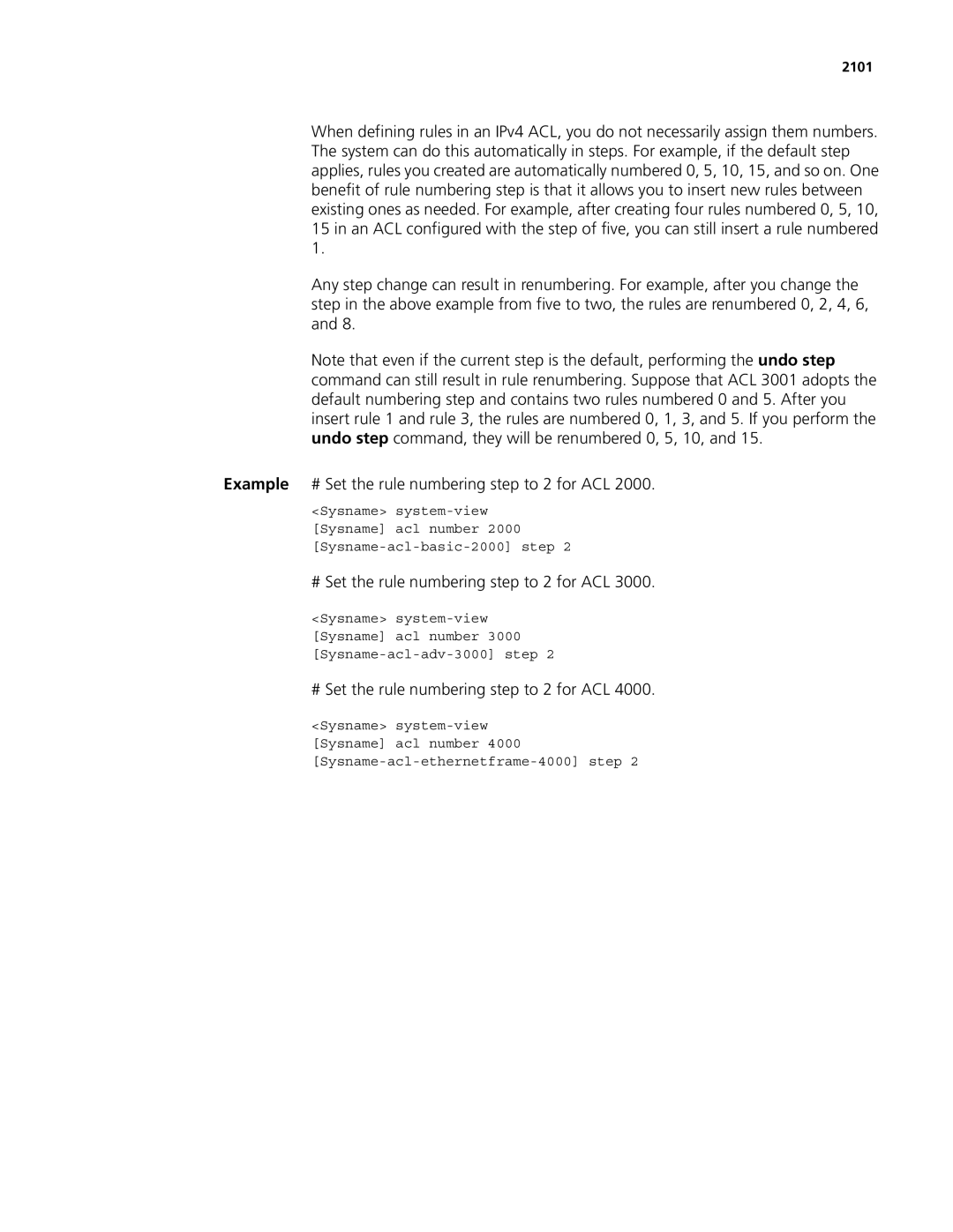 3Com MSR 50, MSR 30 manual Example # Set the rule numbering step to 2 for ACL, 2101 