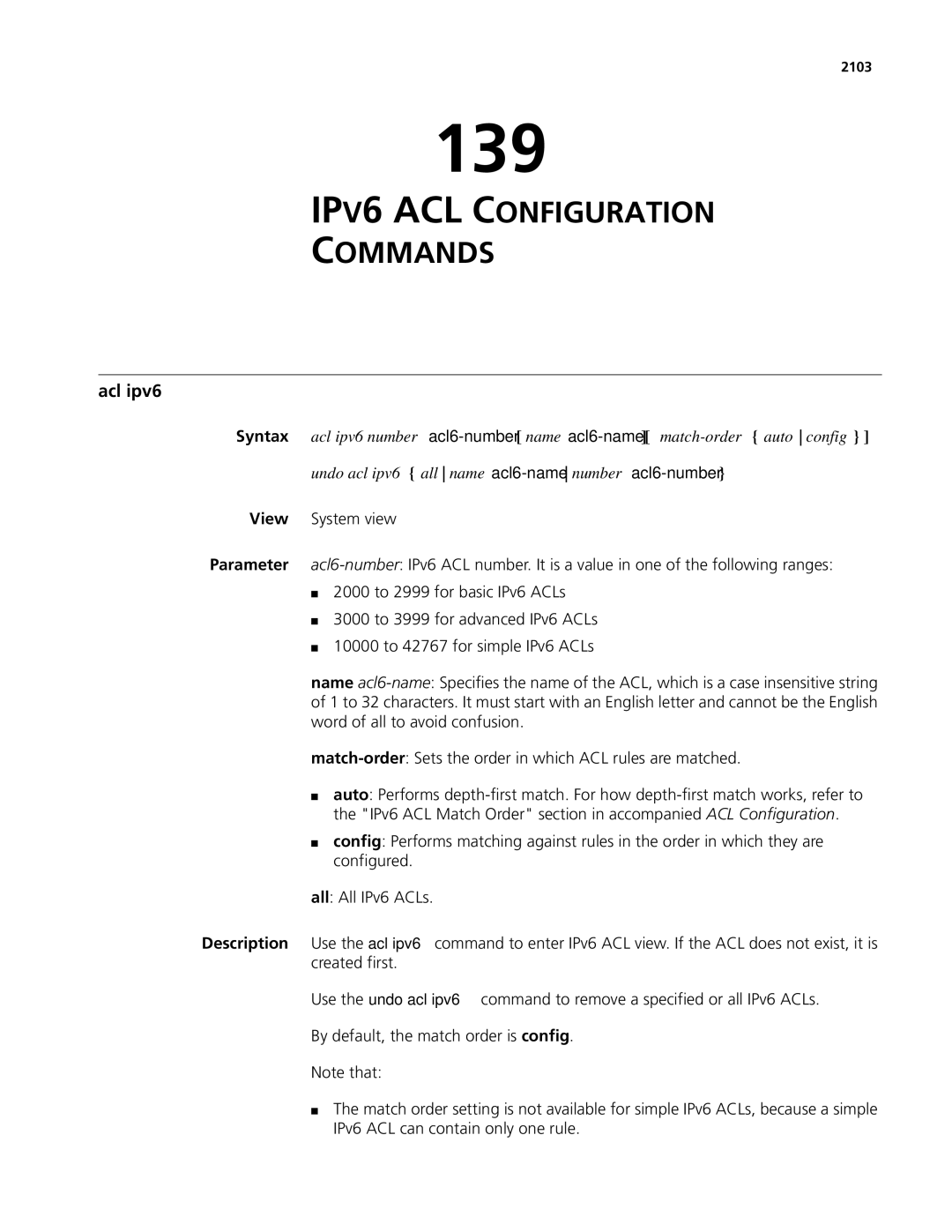 3Com MSR 50, MSR 30 manual 139, IPV6 ACL Configuration Commands, Acl ipv6, 2103 