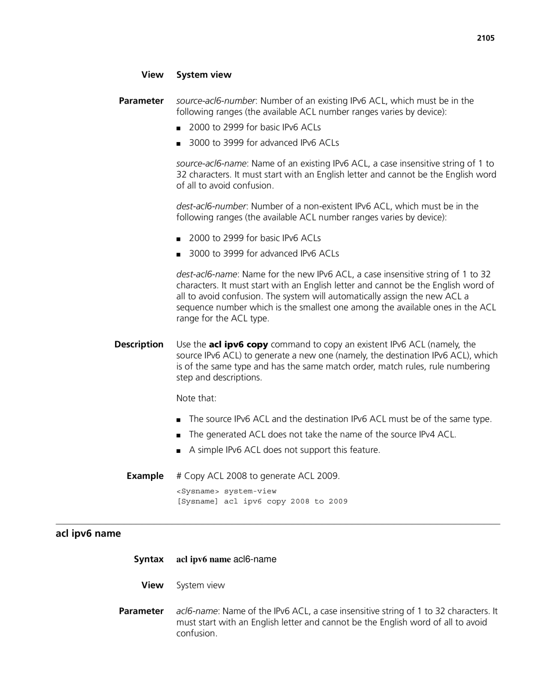 3Com MSR 50, MSR 30 manual Acl ipv6 name, Syntax acl ipv6 name acl6-name, 2105 