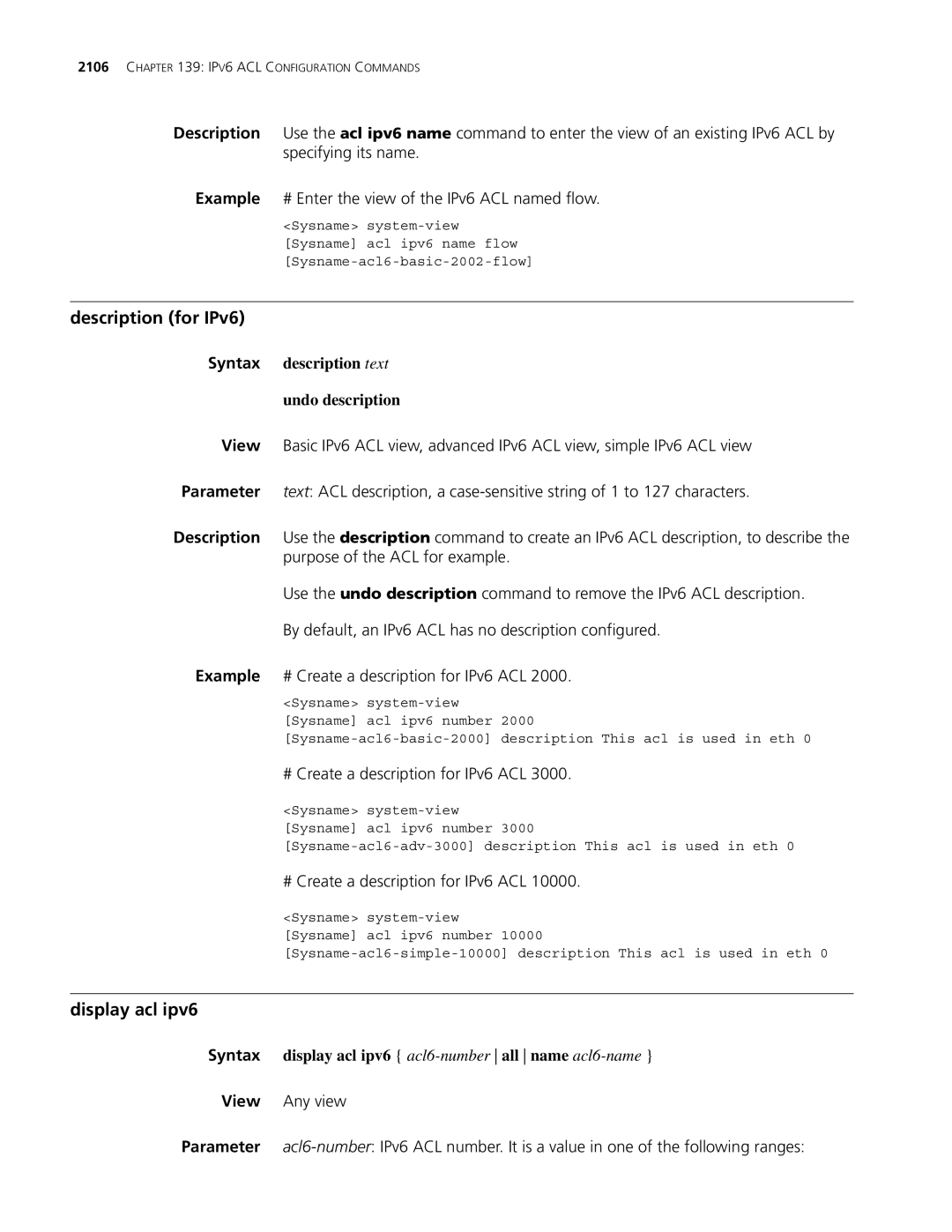 3Com MSR 30, MSR 50 manual Description for IPv6, Display acl ipv6, # Create a description for IPv6 ACL 