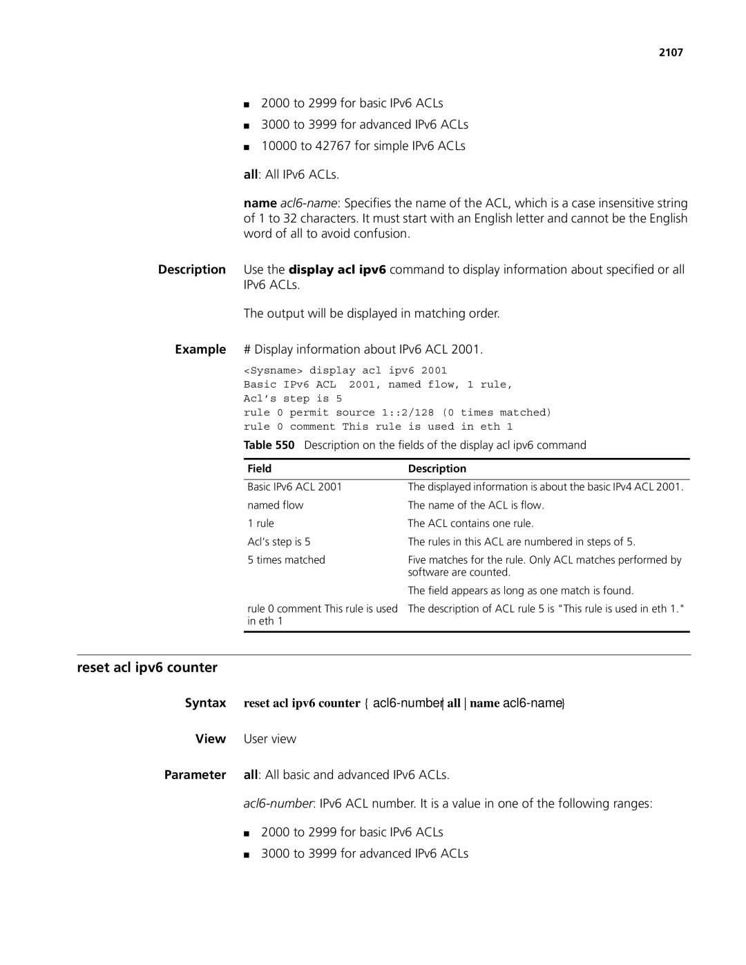 3Com MSR 50, MSR 30 manual Reset acl ipv6 counter, All All basic and advanced IPv6 ACLs, 2000 to 2999 for basic IPv6 ACLs 