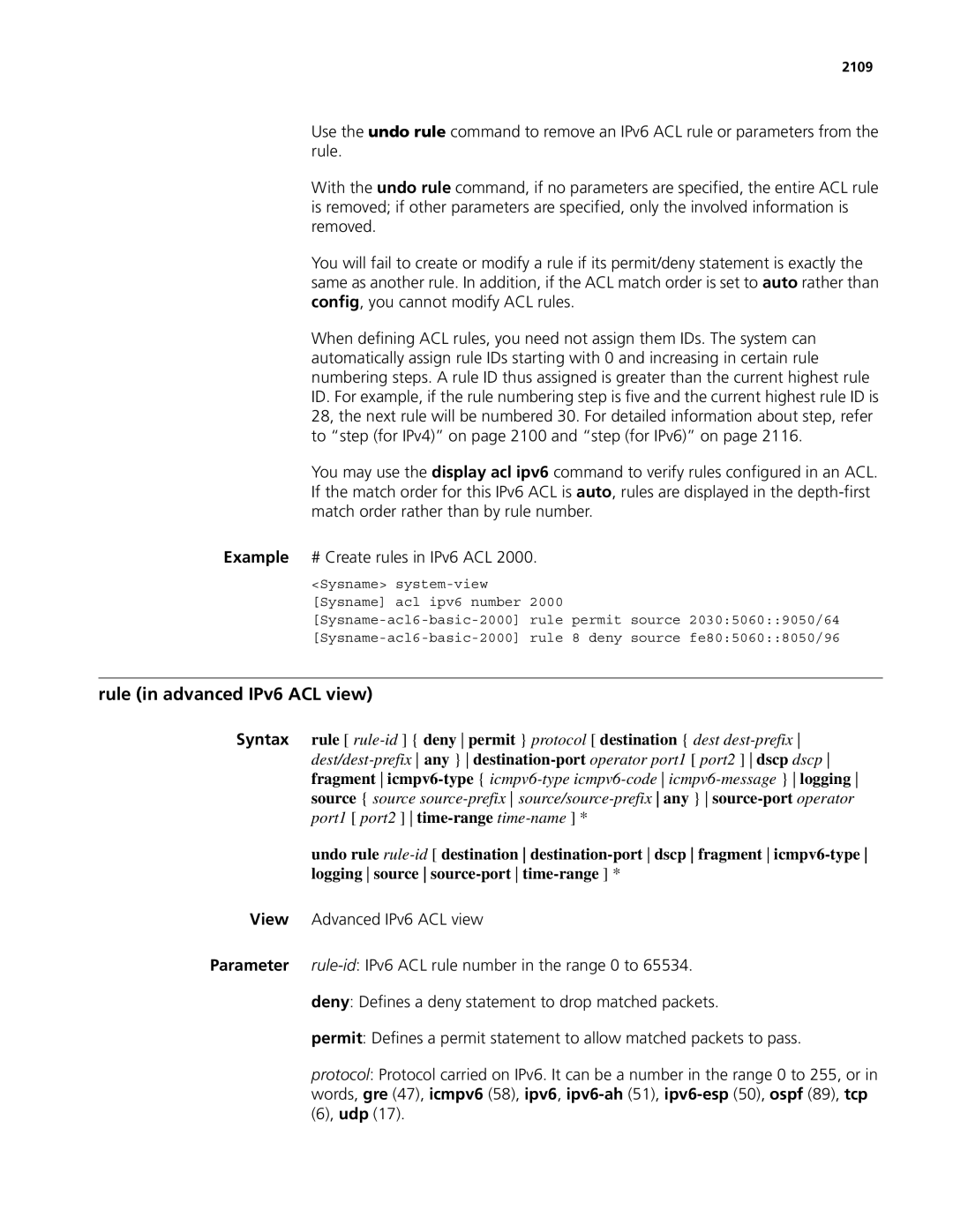 3Com MSR 50, MSR 30 manual Rule in advanced IPv6 ACL view, 2109 